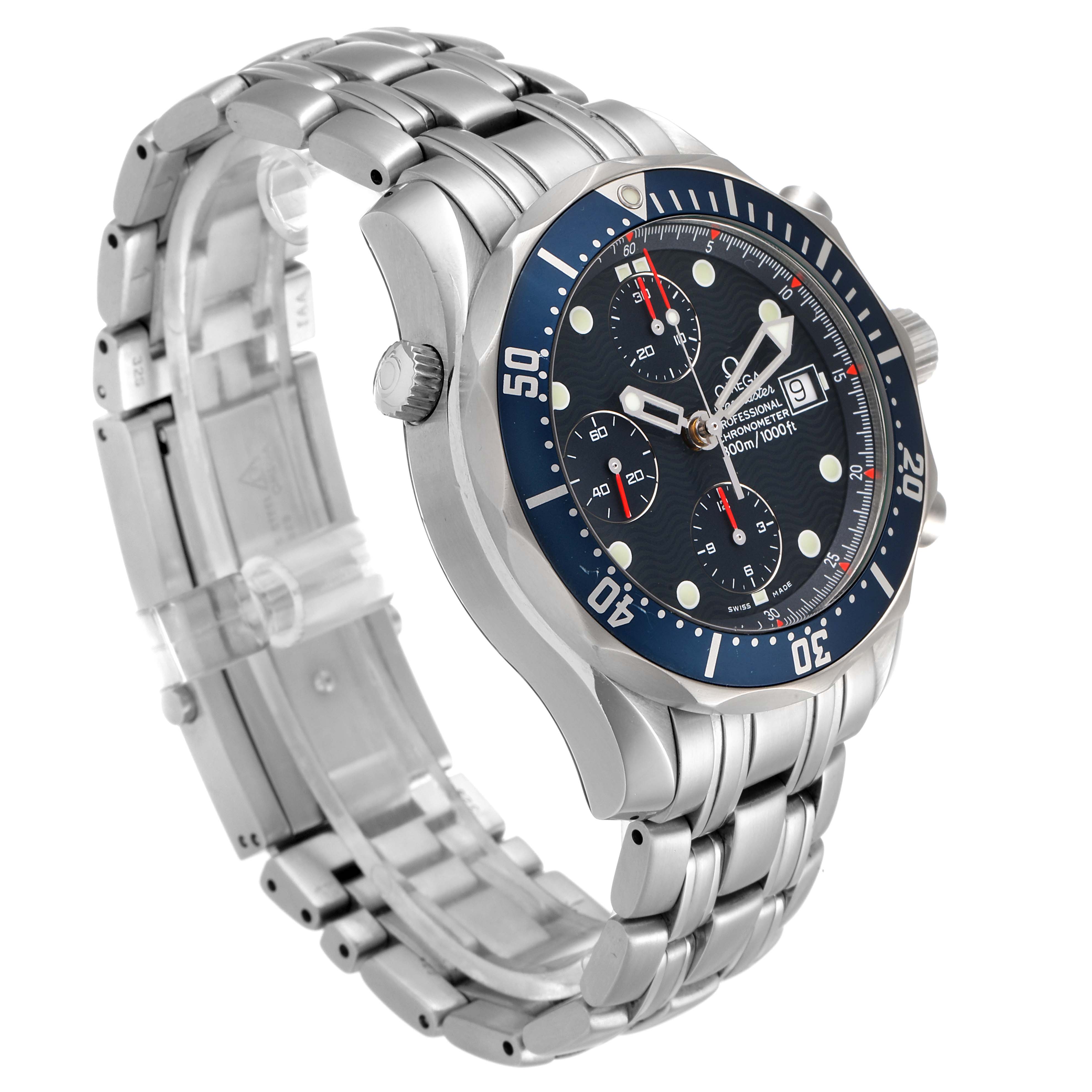 The Omega Seamaster 2599.80.00 Men
s Stainless Steel Blue Dial 2599.80.00 Men
s Stainless Steel Blue Dial watch is shown at an angled side view, displaying the dial, bracelet, and part of the bezel.