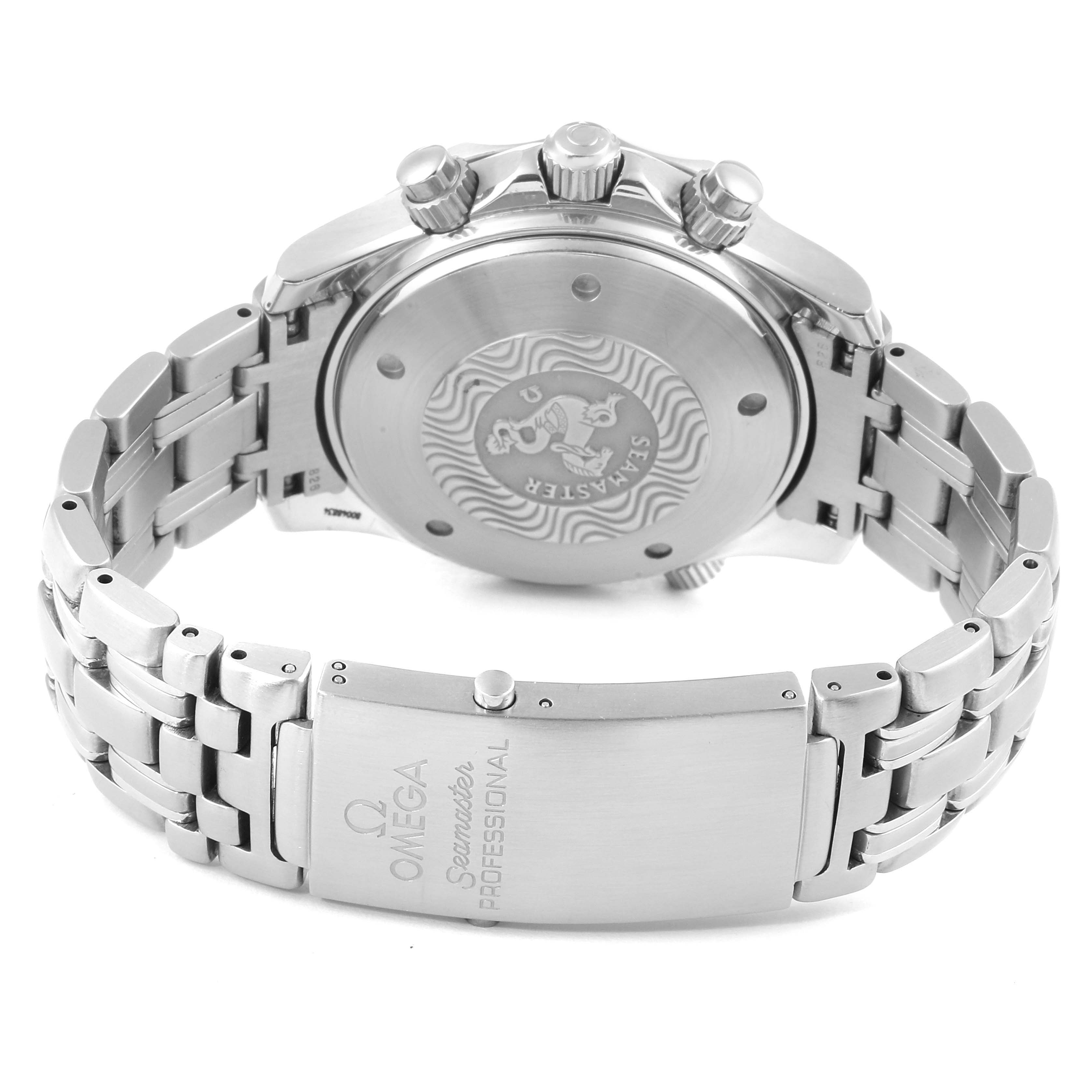 The image shows the back and clasp of the Omega Seamaster 2599.80.00 Men
s Stainless Steel Blue Dial 2599.80.00 Men
s Stainless Steel Blue Dial watch, highlighting its bracelet, case back, and branding details.