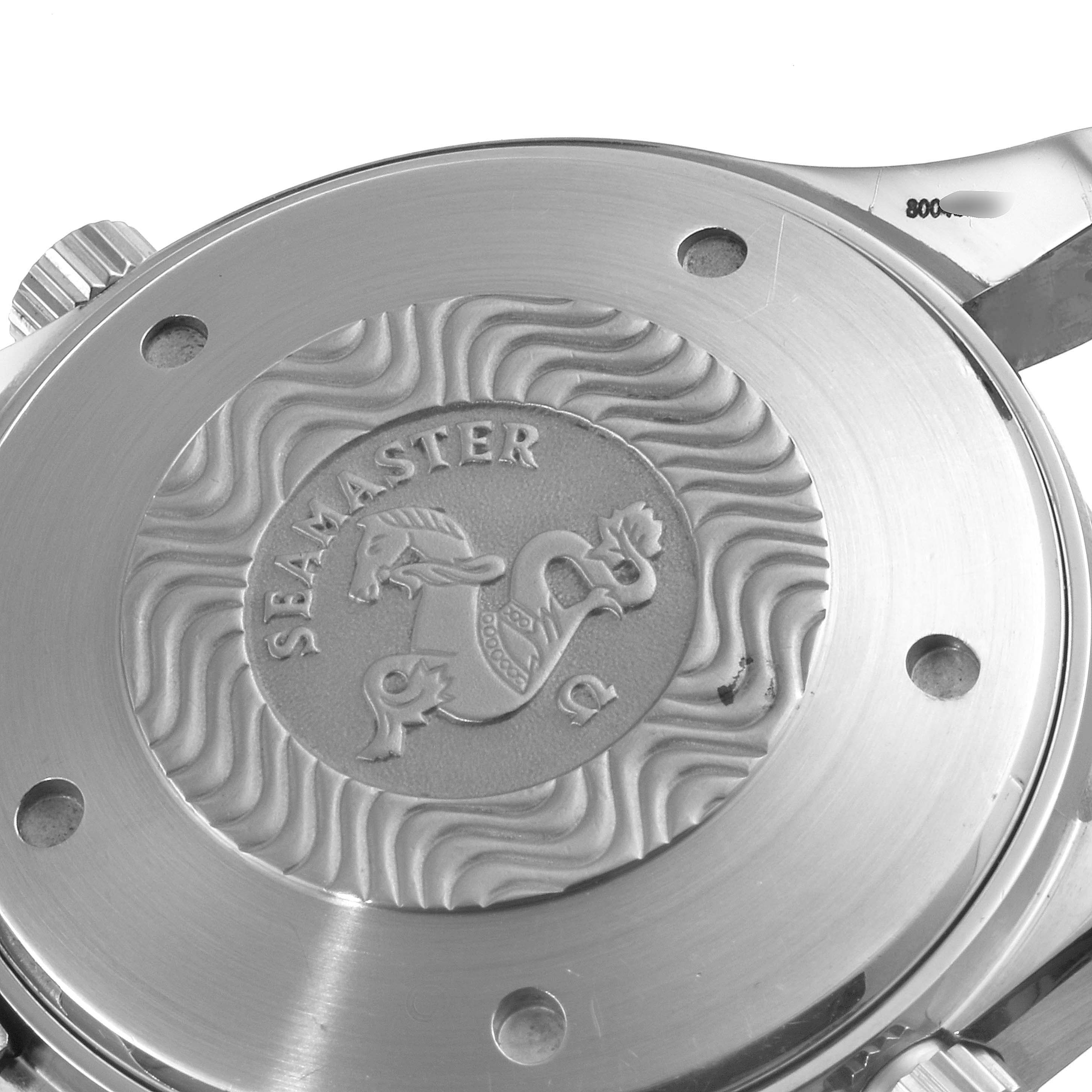 This image shows the case back of an Omega Seamaster 2599.80.00 Men
s Stainless Steel Blue Dial 2599.80.00 Men
s Stainless Steel Blue Dial watch, highlighting its engraved design and wave patterns.