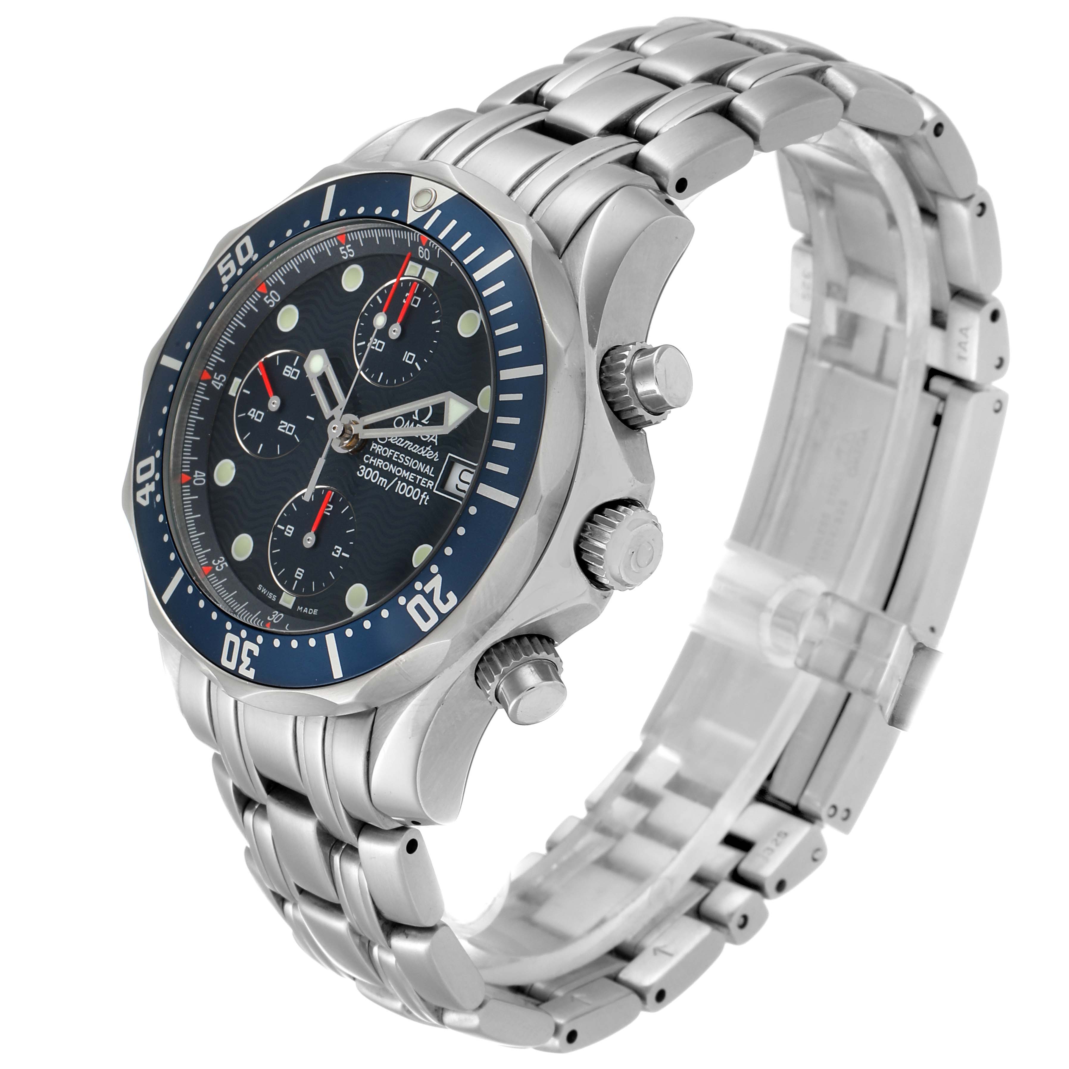 This image shows an angled view of the Omega Seamaster 2599.80.00 Men
s Stainless Steel Blue Dial 2599.80.00 Men
s Stainless Steel Blue Dial watch, highlighting the face, bezel, crown, pushers, and stainless steel bracelet.