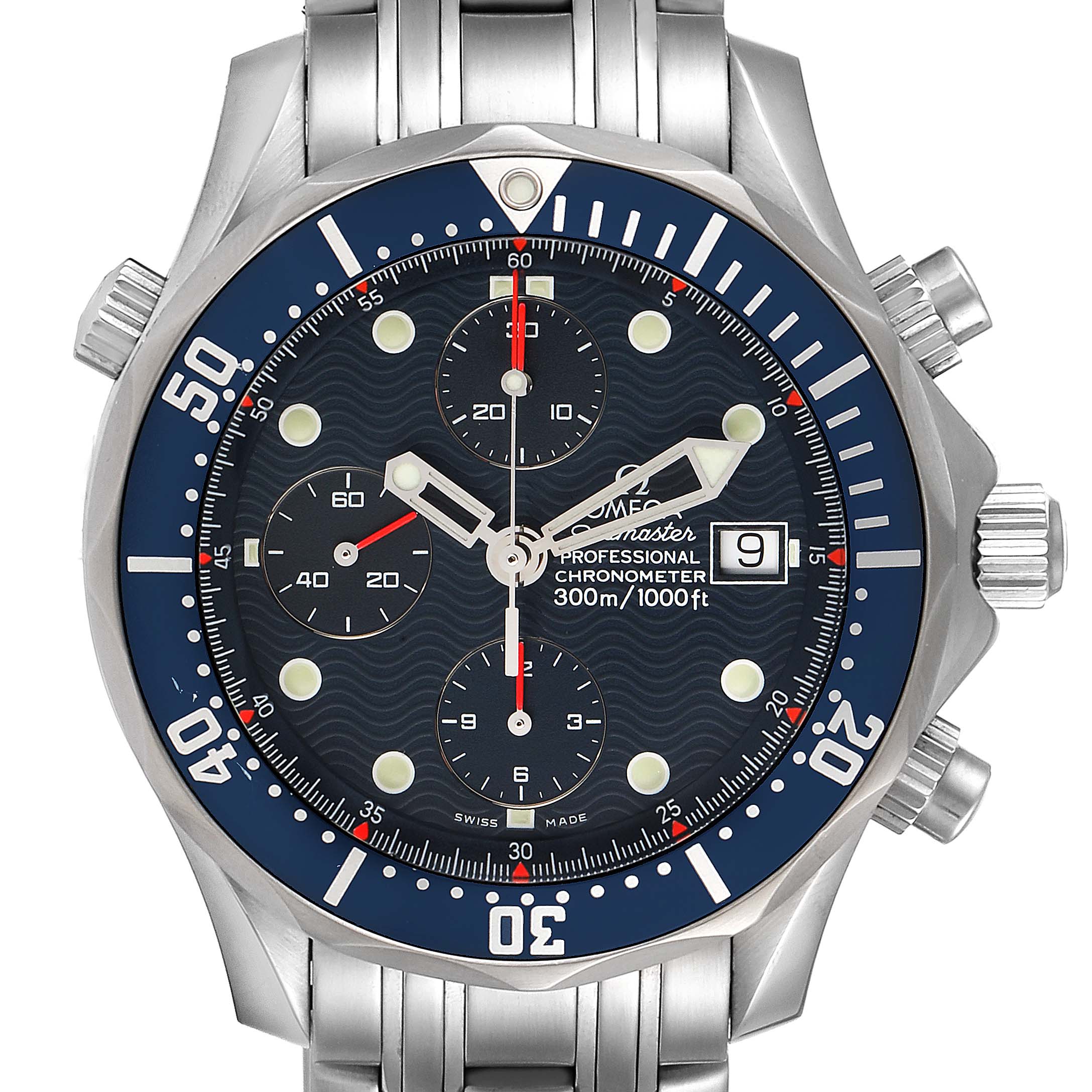 The image shows a front view of the Omega Seamaster 2599.80.00 Men
s Stainless Steel Blue Dial 2599.80.00 Men
s Stainless Steel Blue Dial watch, highlighting the dial, bezel, and part of the bracelet.