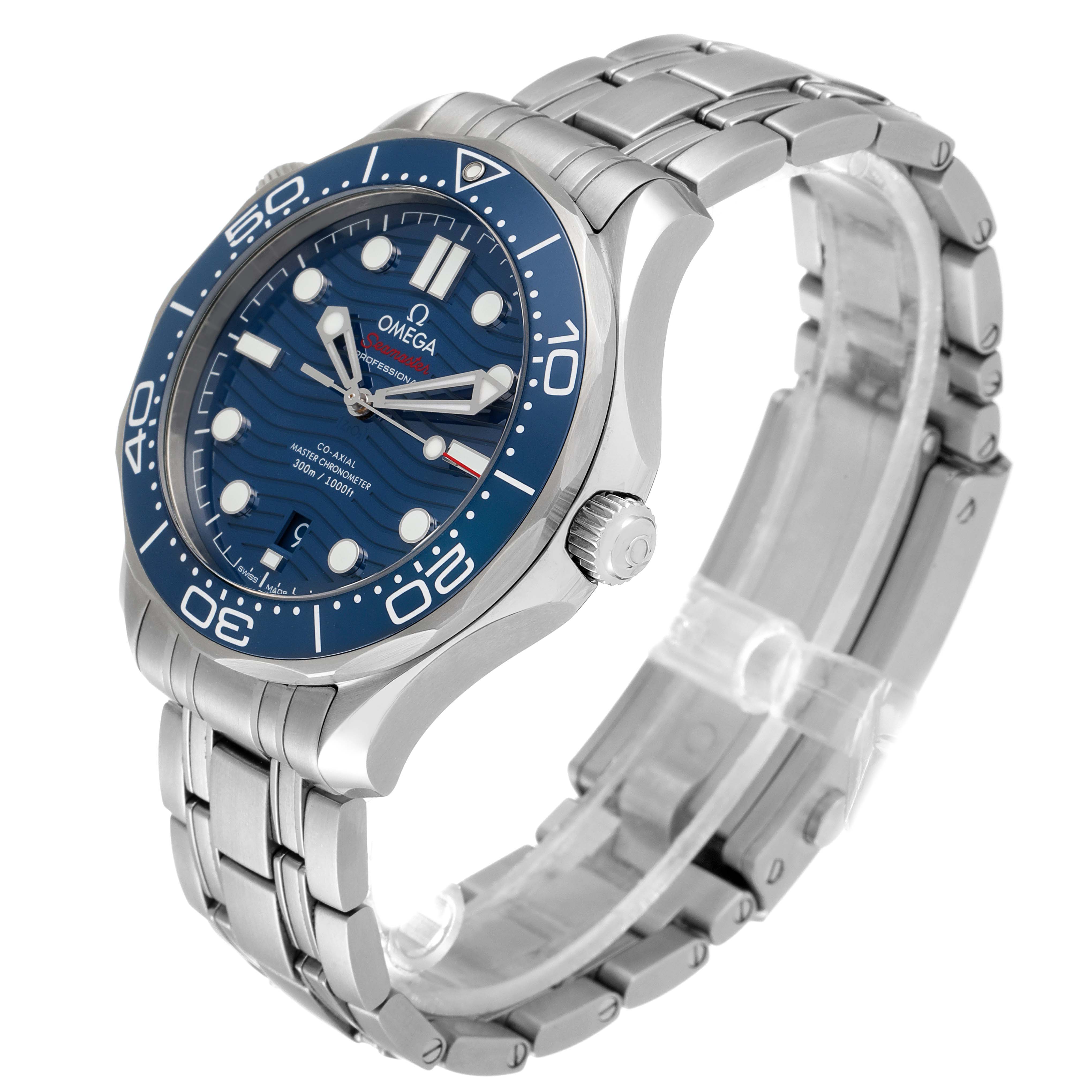 The image shows the Omega Seamaster 210.30.42.20.03.001 Men's Stainless Steel Blue Dial 210.30.42.20.03.001 Men's Stainless Steel Blue Dial watch at a three-quarter front angle, displaying the face, bezel, crown, and stainless steel bracelet.