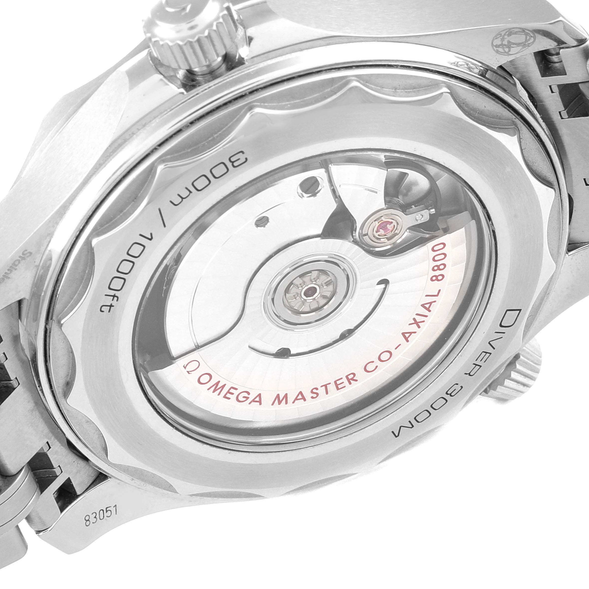 The image shows the case back of an Omega Seamaster 210.30.42.20.03.001 Men's Stainless Steel Blue Dial 210.30.42.20.03.001 Men's Stainless Steel Blue Dial watch, highlighting the movement mechanism and water resistance details.