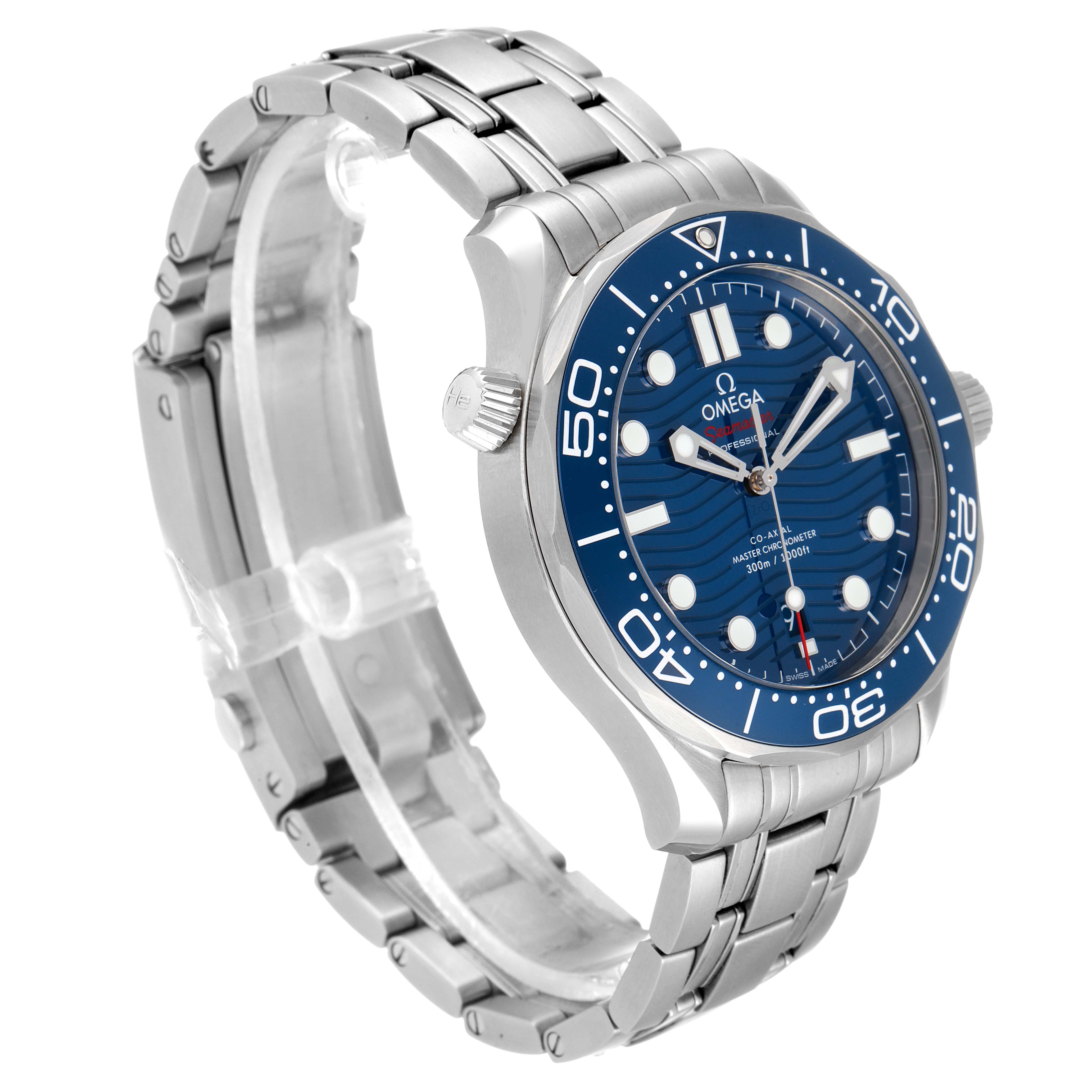 The image shows a side and front view of an Omega Seamaster 210.30.42.20.03.001 Men's Stainless Steel Blue Dial 210.30.42.20.03.001 Men's Stainless Steel Blue Dial watch, highlighting its stainless steel case, blue dial, and bracelet.