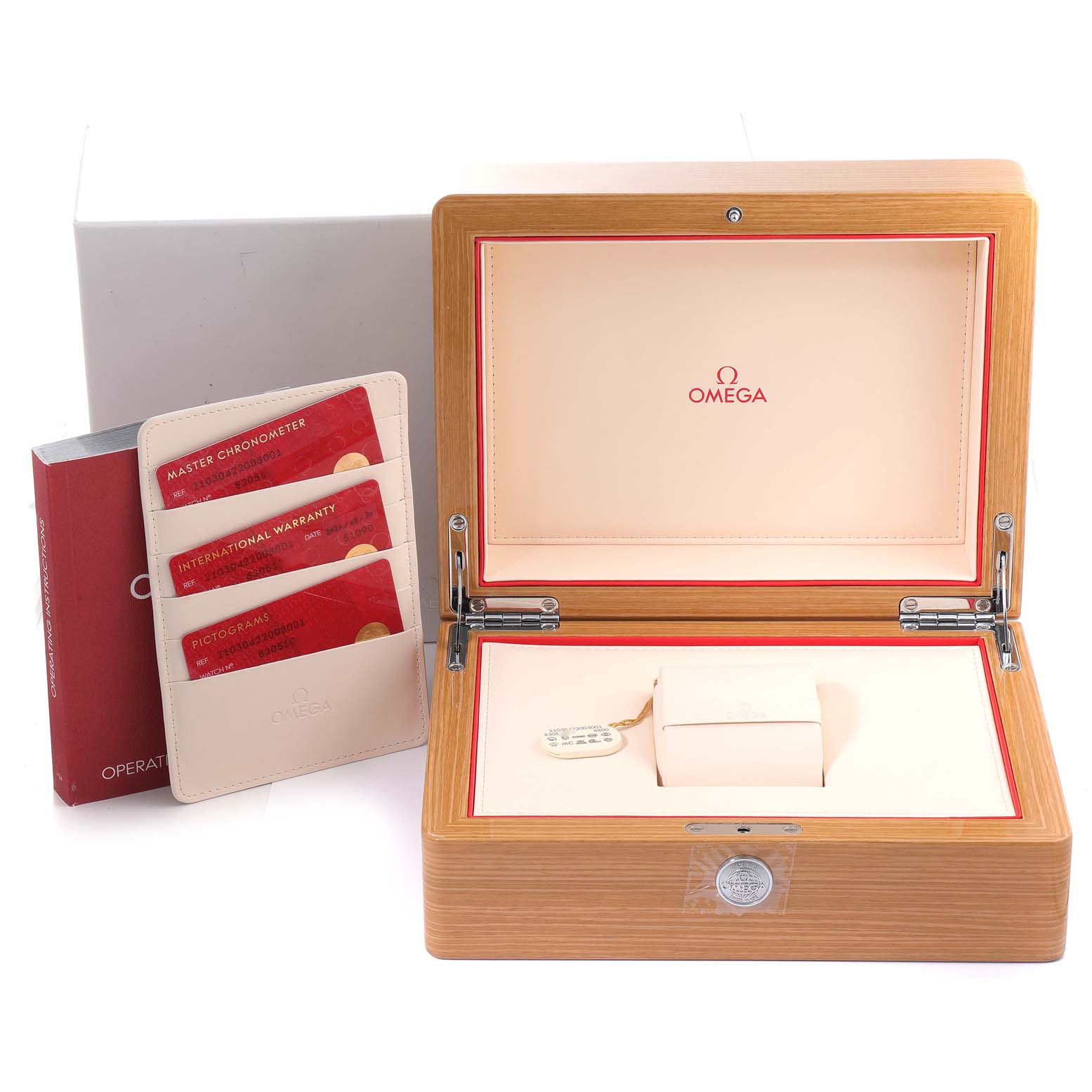 The image shows an Omega Seamaster 210.30.42.20.03.001 Men's Stainless Steel Blue Dial 210.30.42.20.03.001 Men's Stainless Steel Blue Dial watch box, warranty cards, and an instruction booklet at a front angle.