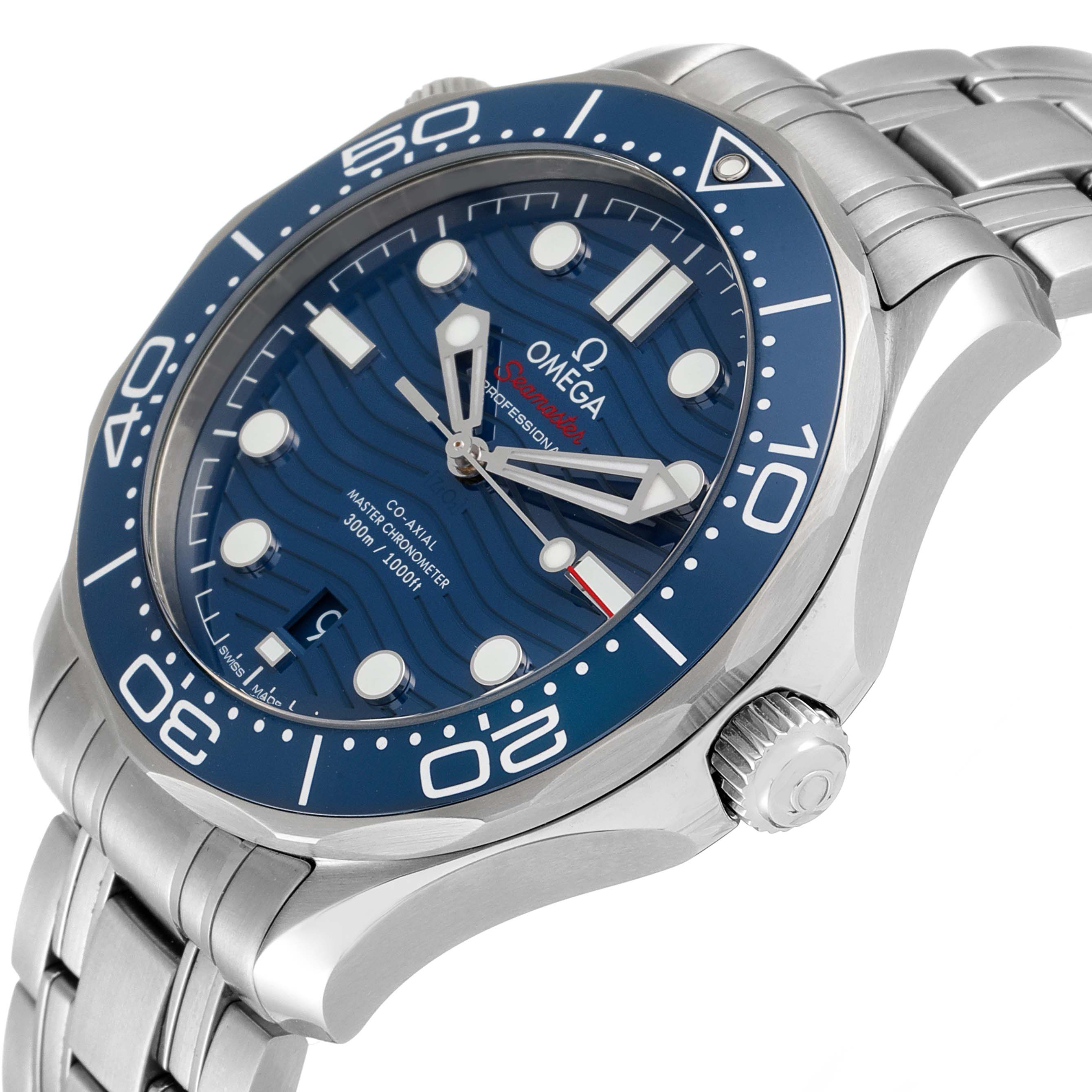 This image shows an angled view of the Omega Seamaster 210.30.42.20.03.001 Men's Stainless Steel Blue Dial 210.30.42.20.03.001 Men's Stainless Steel Blue Dial watch, highlighting its blue dial, bezel, and stainless steel bracelet.