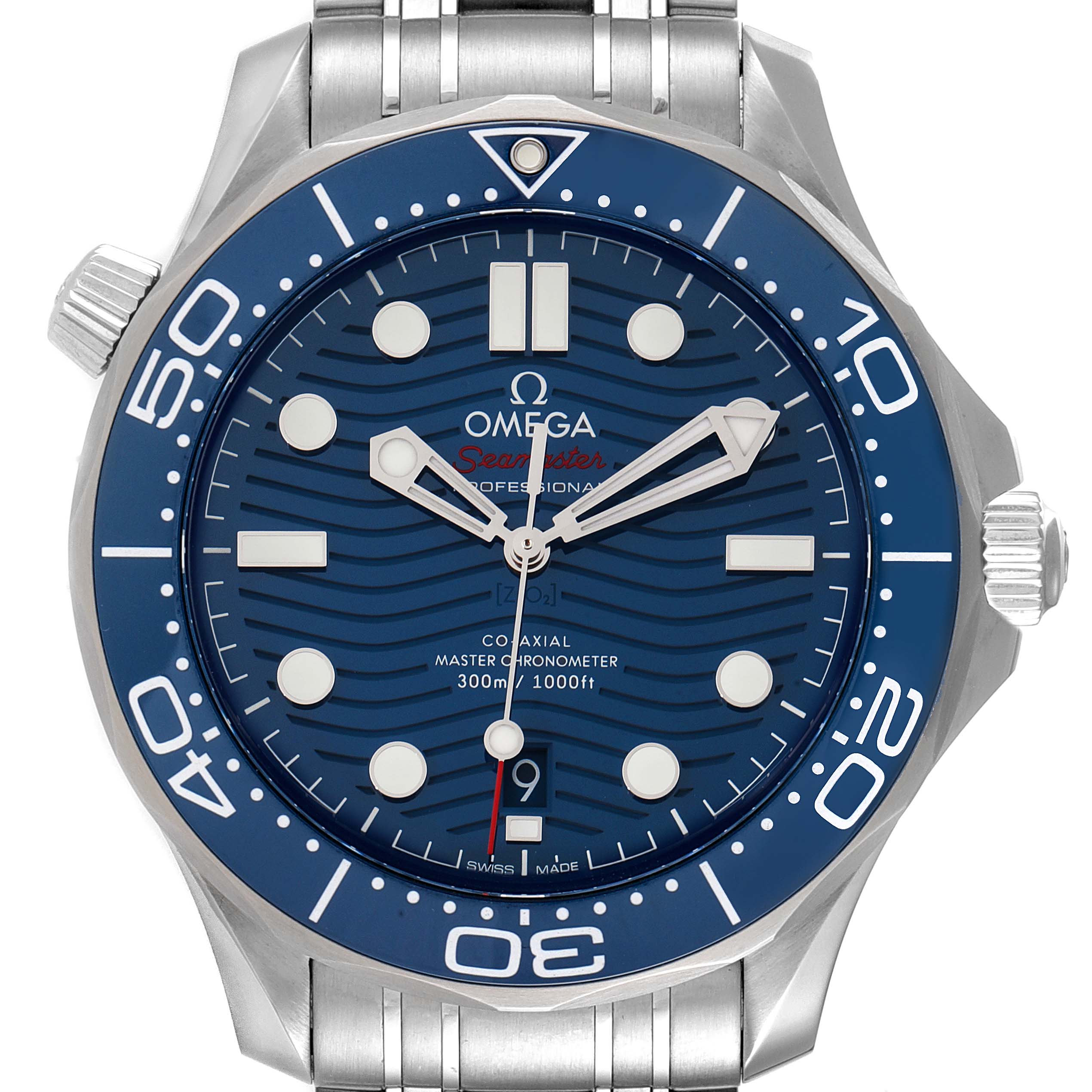 This is a front view of the Omega Seamaster 210.30.42.20.03.001 Men's Stainless Steel Blue Dial 210.30.42.20.03.001 Men's Stainless Steel Blue Dial watch, showing the face, bezel, and part of the bracelet.