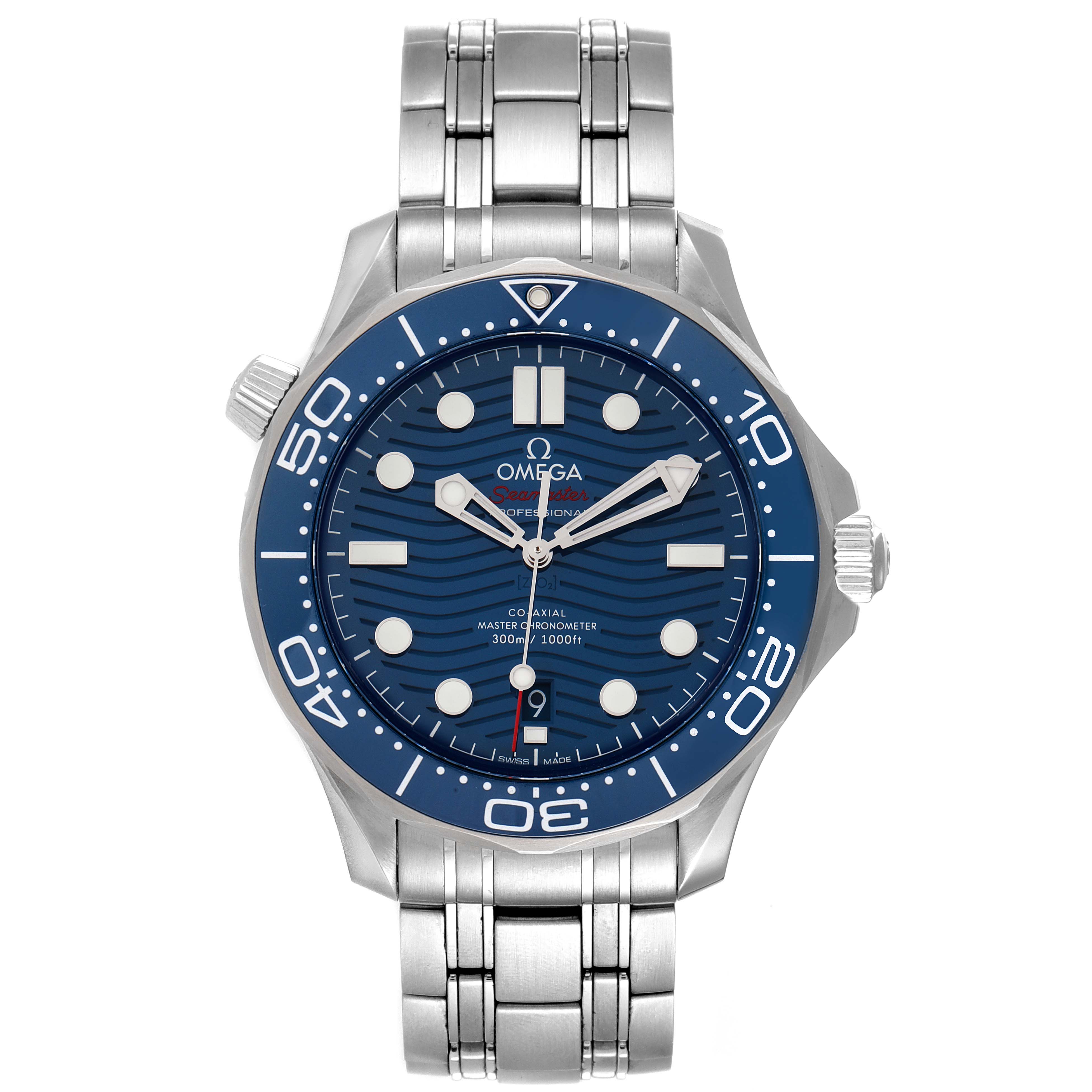 This image shows a front view of an Omega Seamaster 210.30.42.20.03.001 Men's Stainless Steel Blue Dial 210.30.42.20.03.001 Men's Stainless Steel Blue Dial watch, displaying its blue dial, bezel, and stainless steel bracelet.