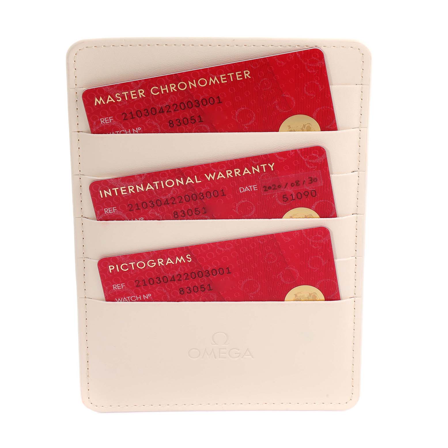 The image shows warranty and certification cards in a holder for an Omega Seamaster 210.30.42.20.03.001 Men's Stainless Steel Blue Dial 210.30.42.20.03.001 Men's Stainless Steel Blue Dial watch.