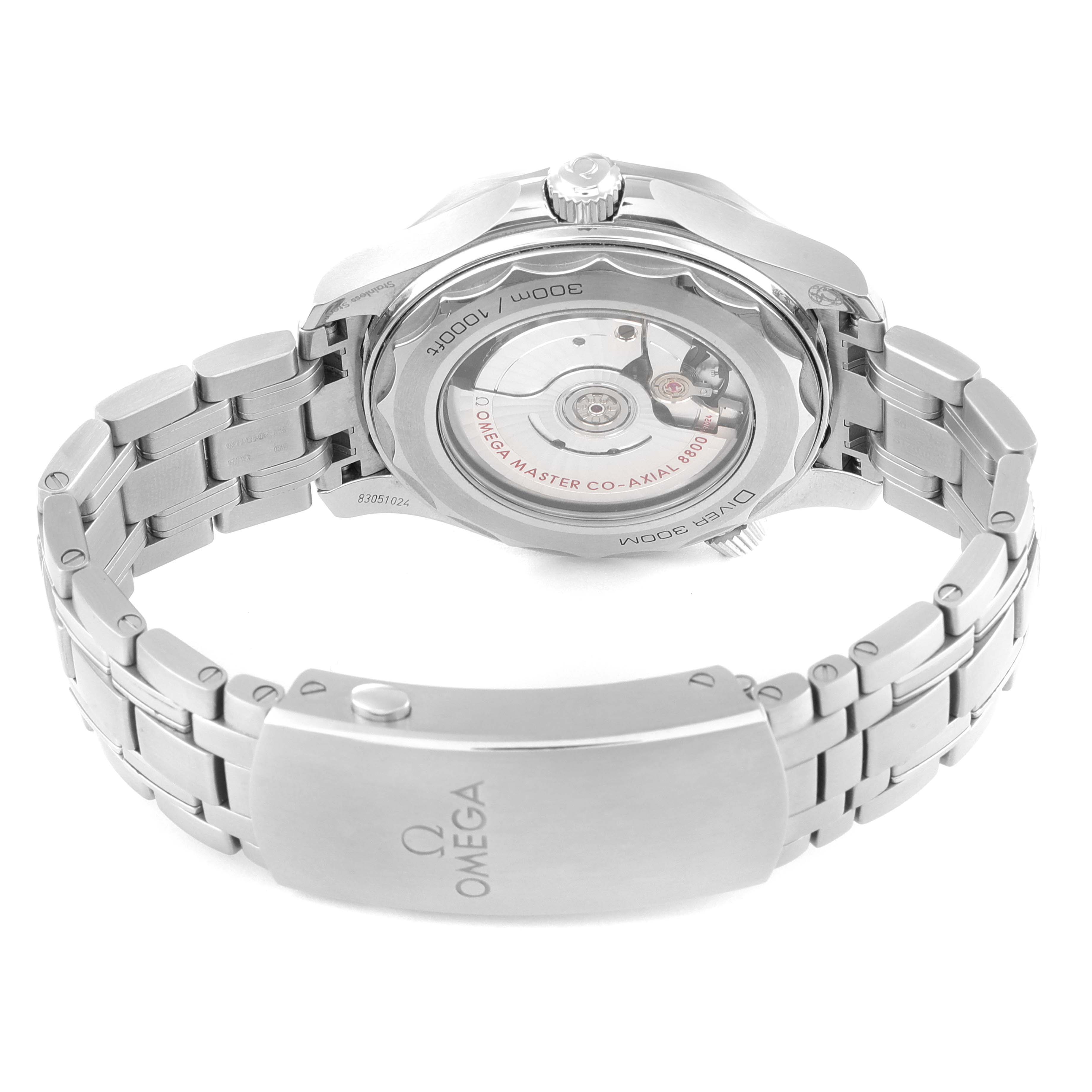 The image shows the back view of an Omega Seamaster 210.30.42.20.03.001 Men's Stainless Steel Blue Dial 210.30.42.20.03.001 Men's Stainless Steel Blue Dial watch, highlighting the case back and stainless steel bracelet.