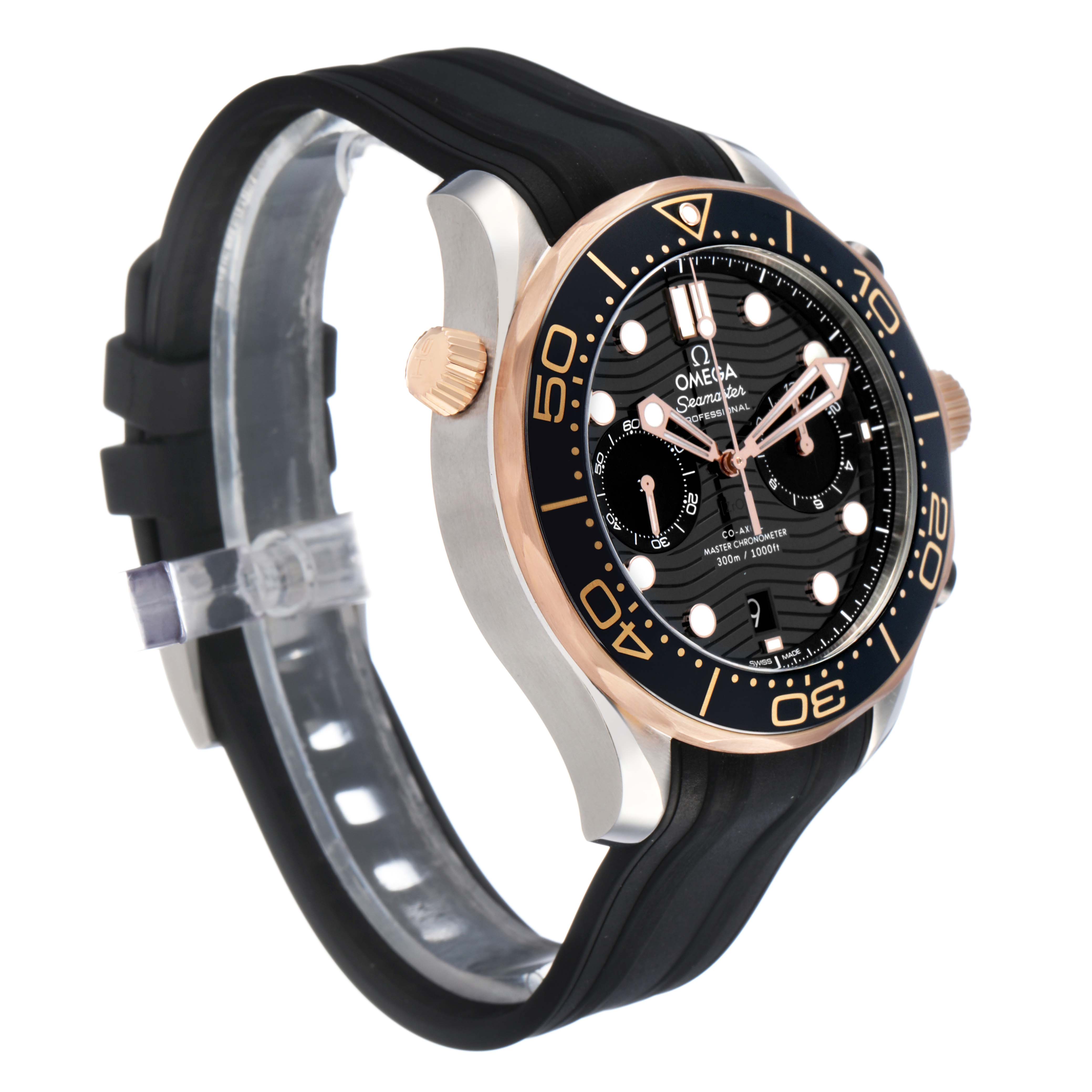 The Omega Seamaster 210.22.44.51.01.001 Men's Steel and Gold (two tone) Black Dial watch is shown at an angled view highlighting the bezel, crown, dial, and rubber strap.