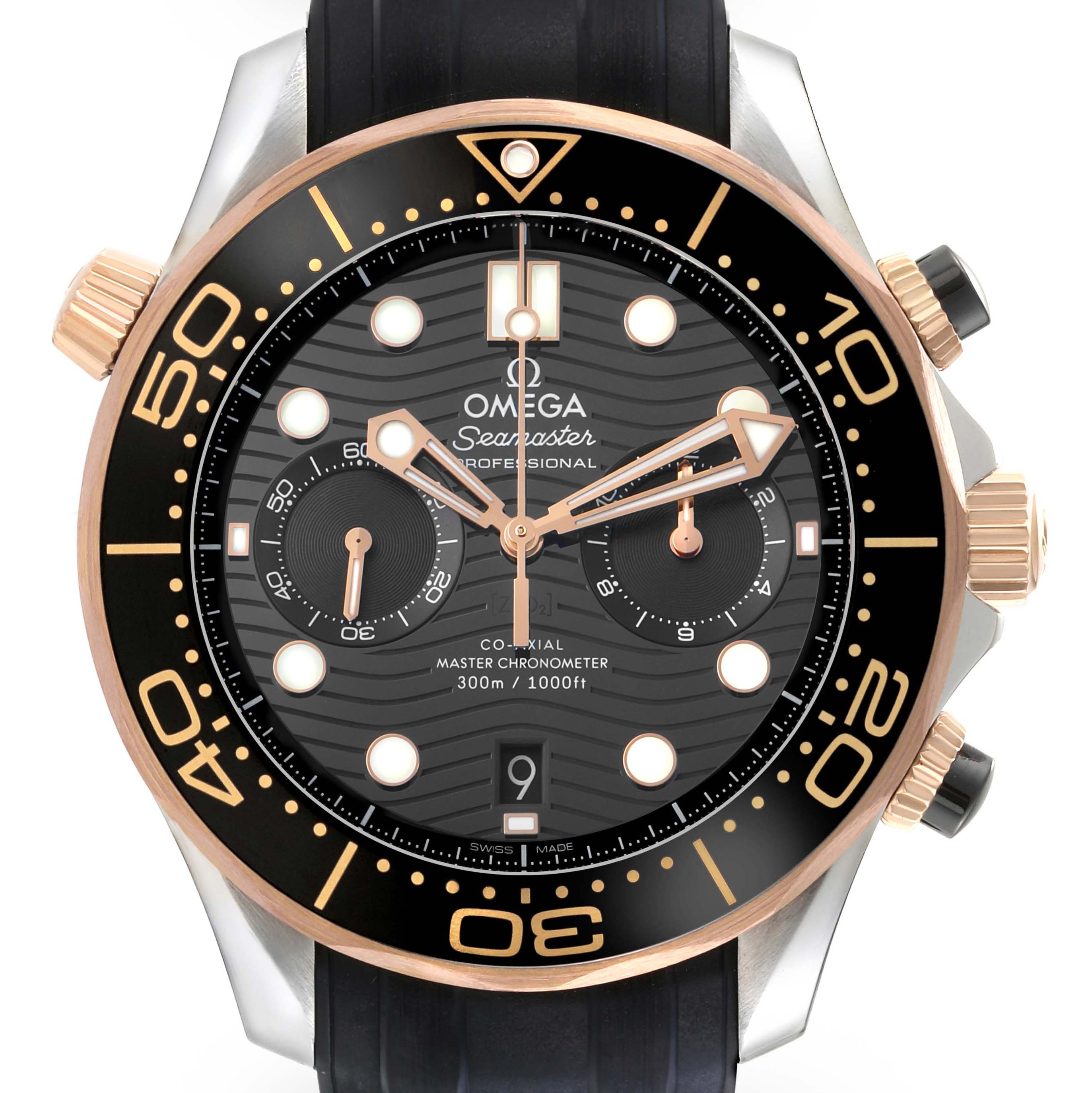 The Omega Seamaster 210.22.44.51.01.001 Men's Steel and Gold (two tone) Black Dial watch is shown from the front, featuring its dial, bezel, and crown in close-up.