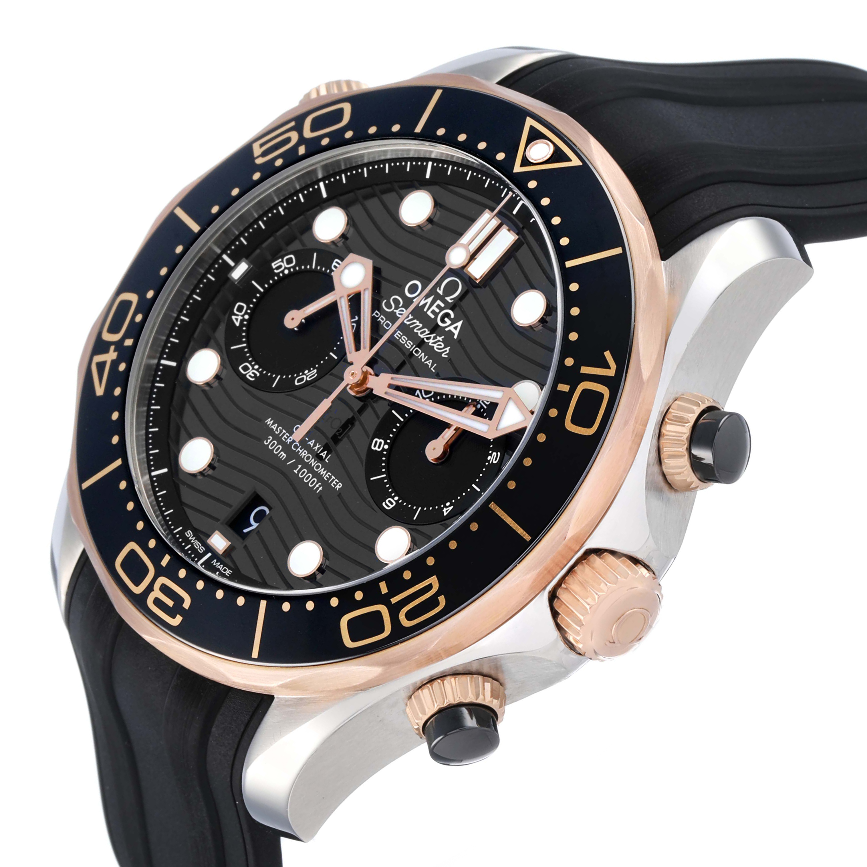 The Omega Seamaster 210.22.44.51.01.001 Men's Steel and Gold (two tone) Black Dial watch is shown at an angle highlighting the dial, bezel, crown, and pushers.