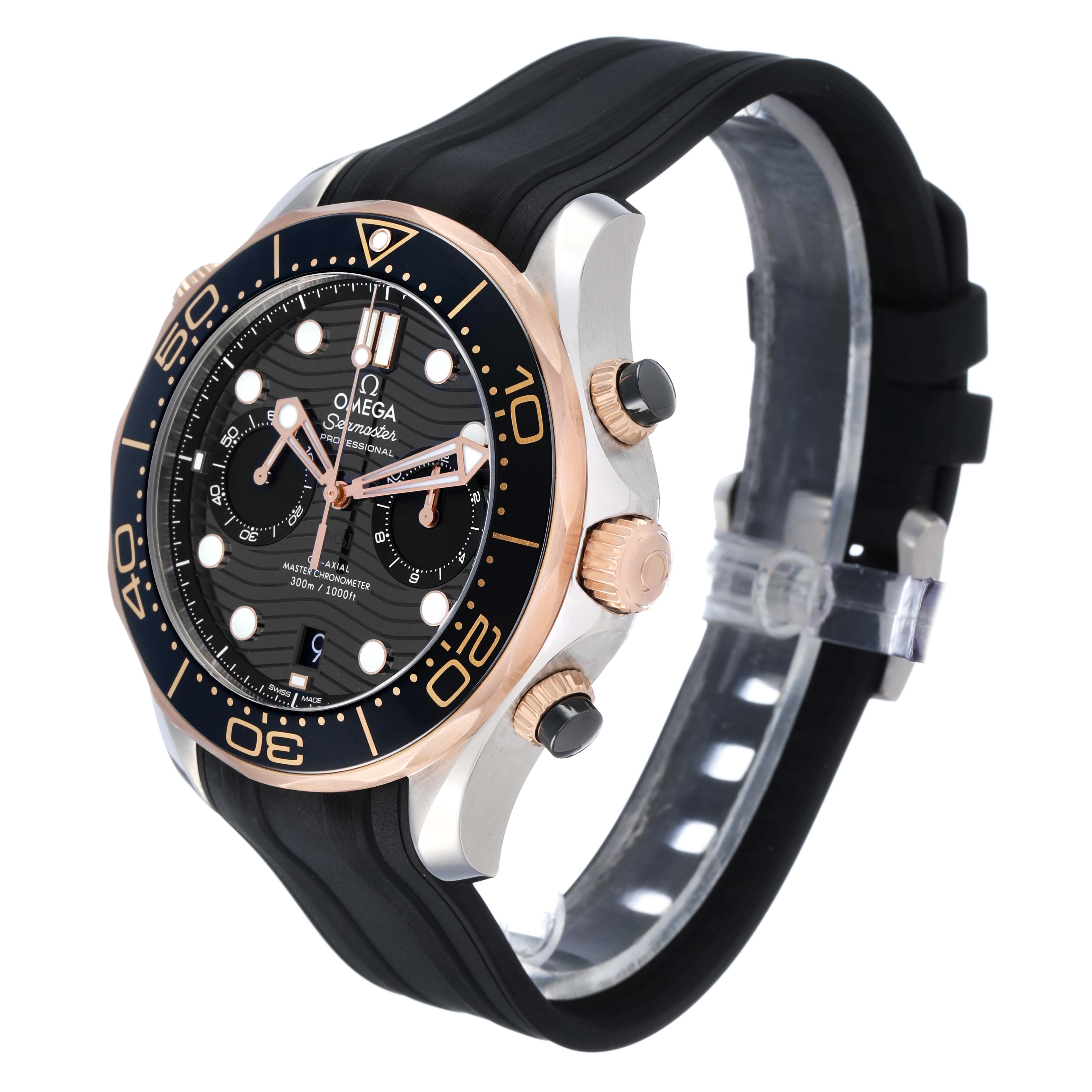 This Omega Seamaster 210.22.44.51.01.001 Men's Steel and Gold (two tone) Black Dial watch is shown at a three-quarter angle, highlighting the bezel, face, crown, and rubber strap.