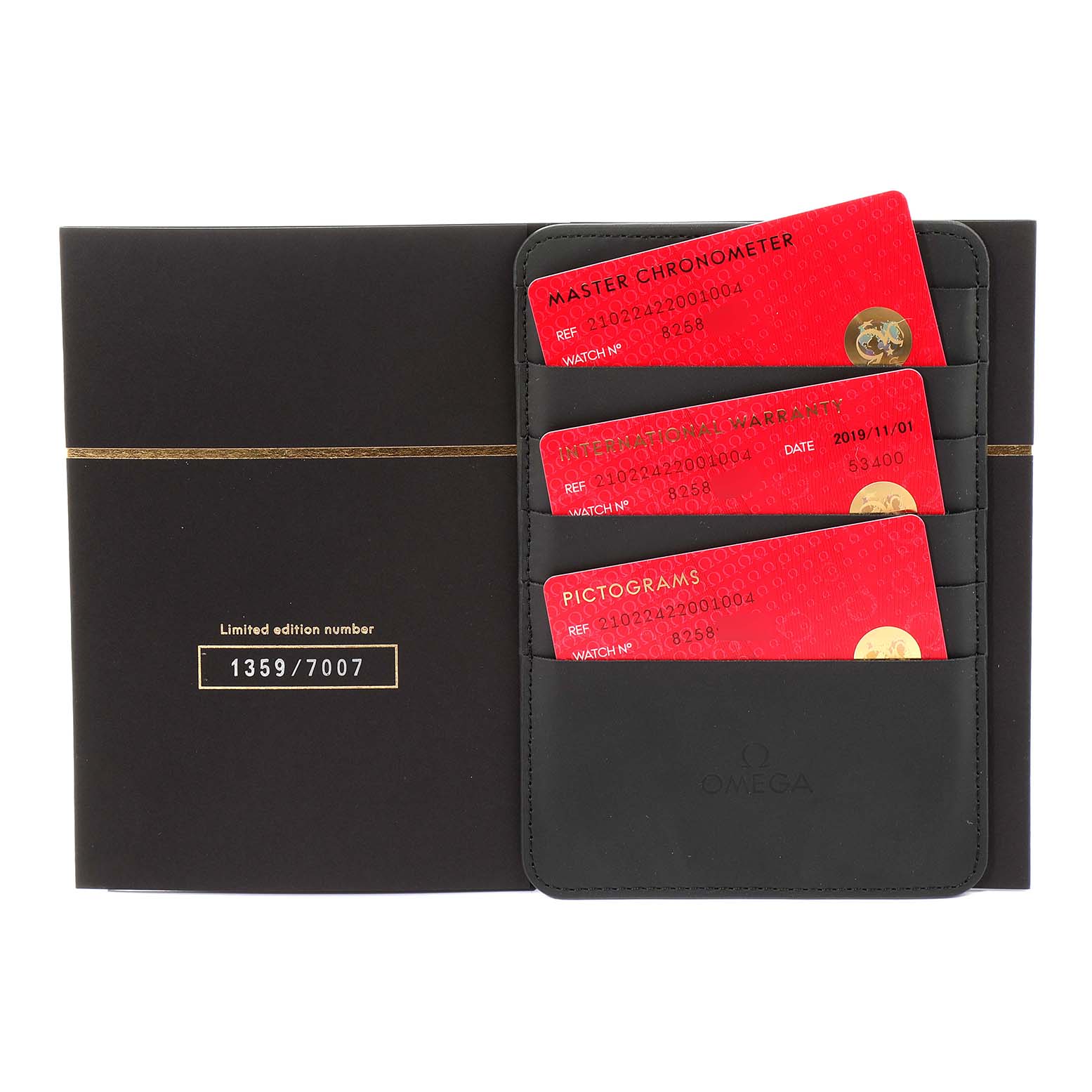 This image shows the certification cards and limited edition number card for the Omega Seamaster 210.22.42.20.01.004 Men's Stainless Steel Black Dial 210.22.42.20.01.004 Men's Stainless Steel Black Dial model laid flat.