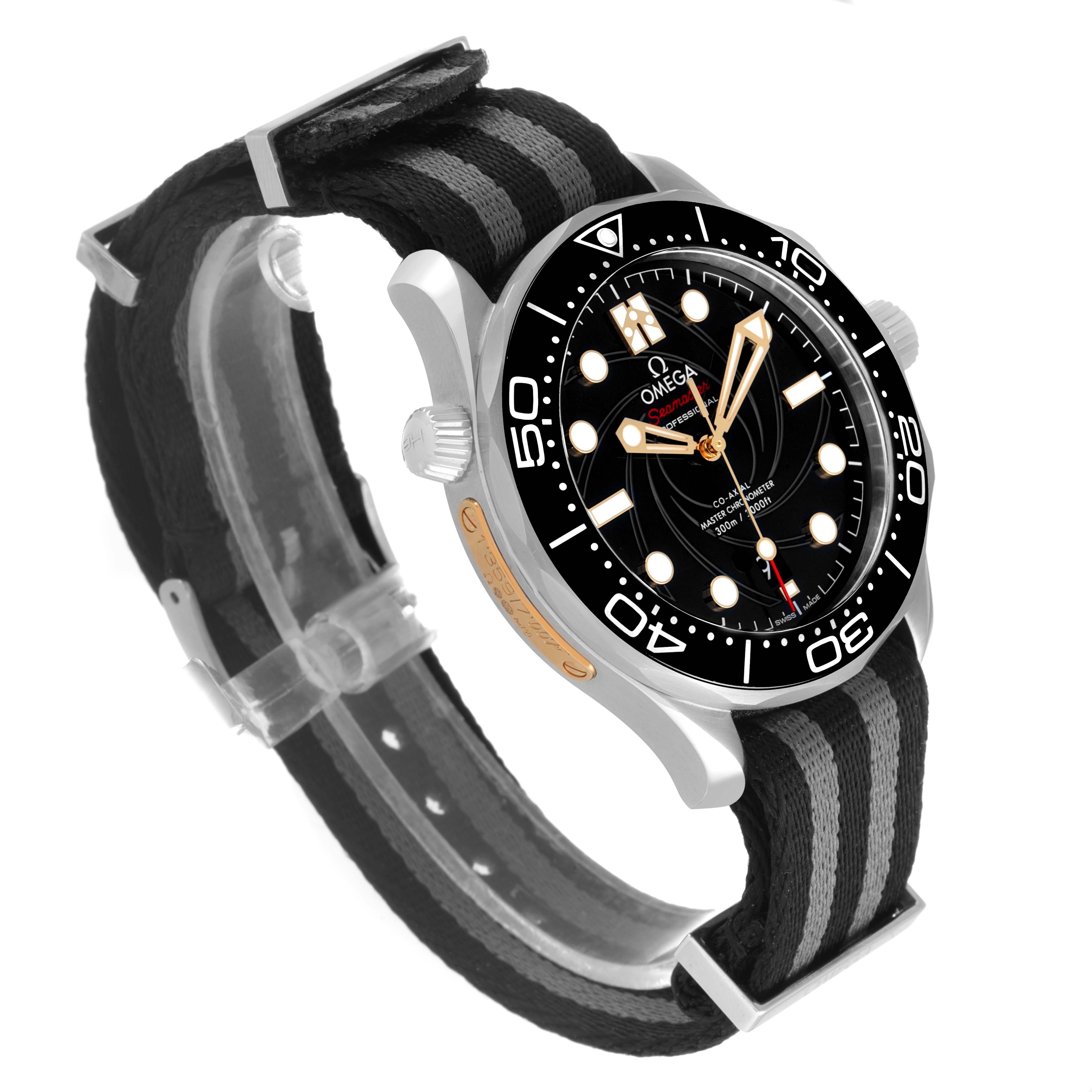 The image displays a side angle of an Omega Seamaster 210.22.42.20.01.004 Men's Stainless Steel Black Dial 210.22.42.20.01.004 Men's Stainless Steel Black Dial watch, showing the face, bezel, crown, and strap.
