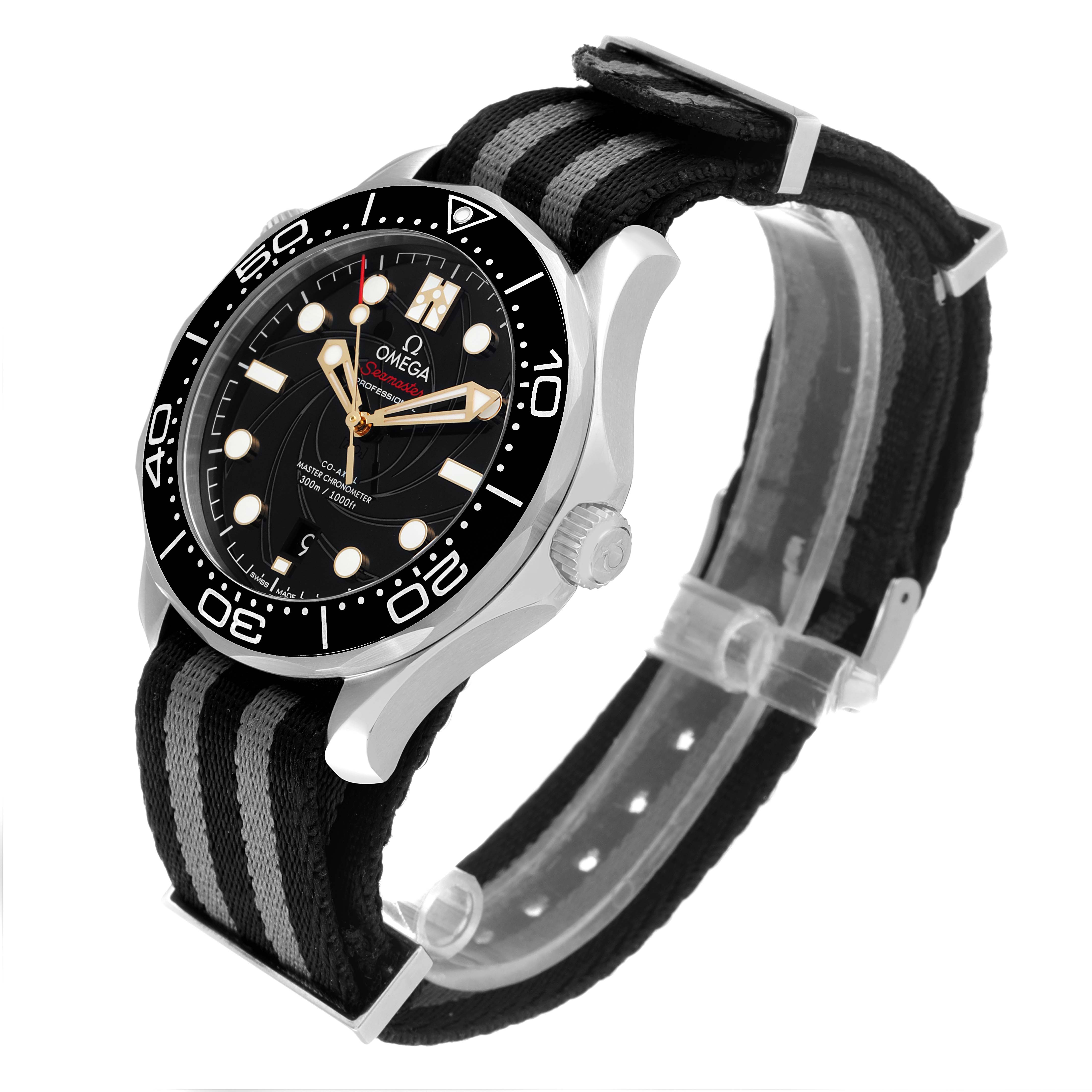 The image shows an Omega Seamaster 210.22.42.20.01.004 Men's Stainless Steel Black Dial 210.22.42.20.01.004 Men's Stainless Steel Black Dial watch from a front-side angle, highlighting the dial, bezel, and striped nylon strap.