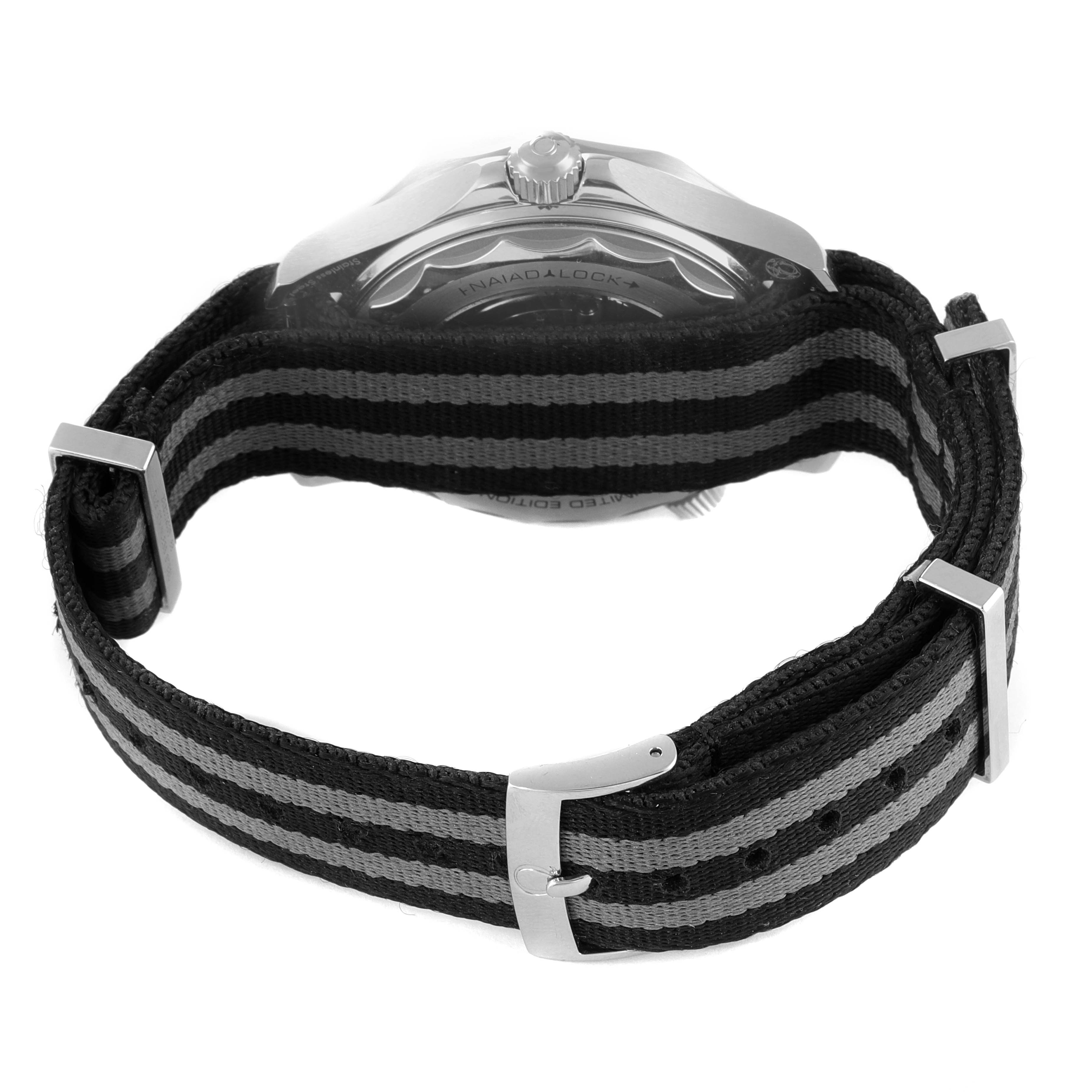 This image shows the backside and strap of an Omega Seamaster 210.22.42.20.01.004 Men's Stainless Steel Black Dial 210.22.42.20.01.004 Men's Stainless Steel Black Dial watch, highlighting the crown and the striped NATO strap.