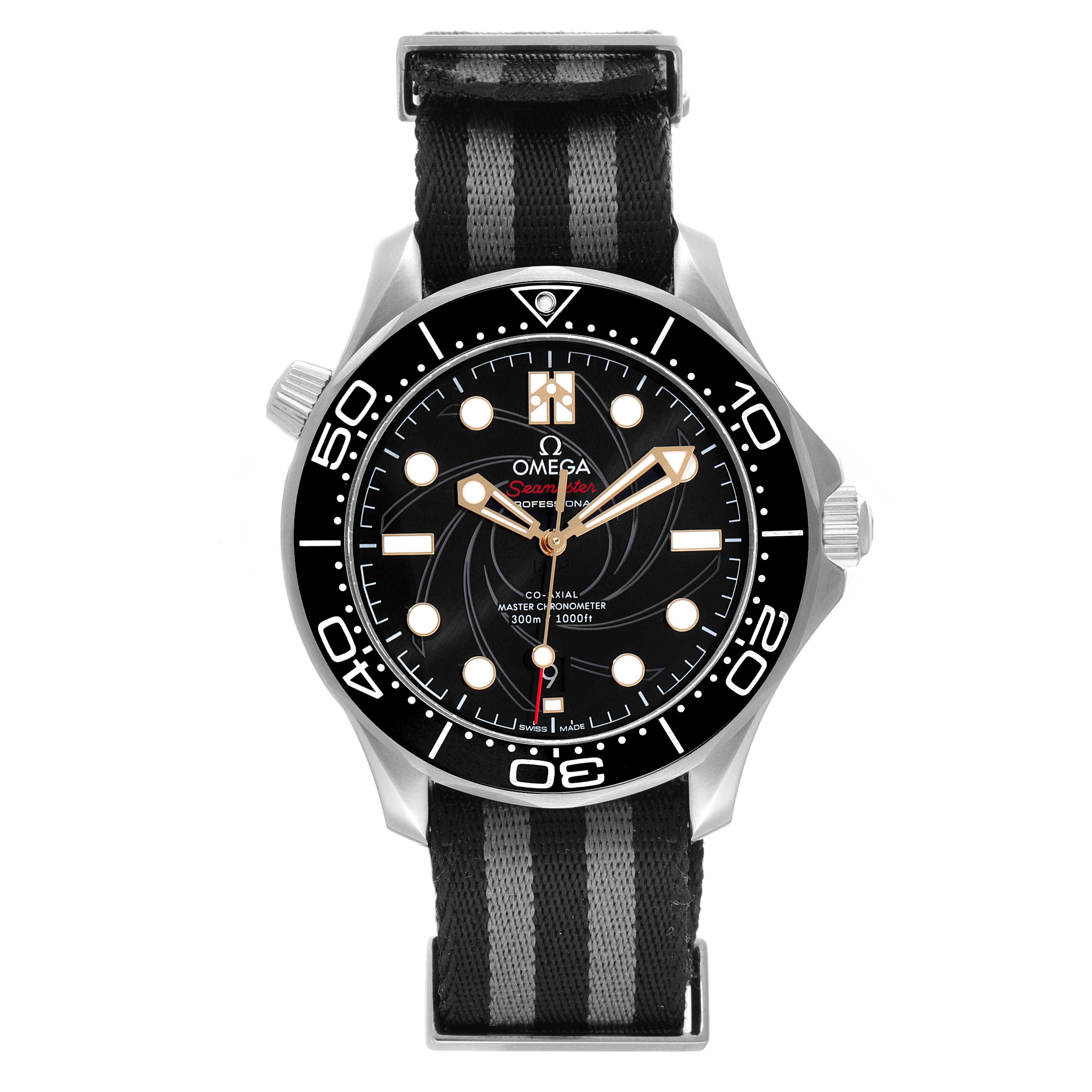 This image shows a front view of the Omega Seamaster 210.22.42.20.01.004 Men's Stainless Steel Black Dial 210.22.42.20.01.004 Men's Stainless Steel Black Dial watch, featuring its dial, bezel, and NATO strap.
