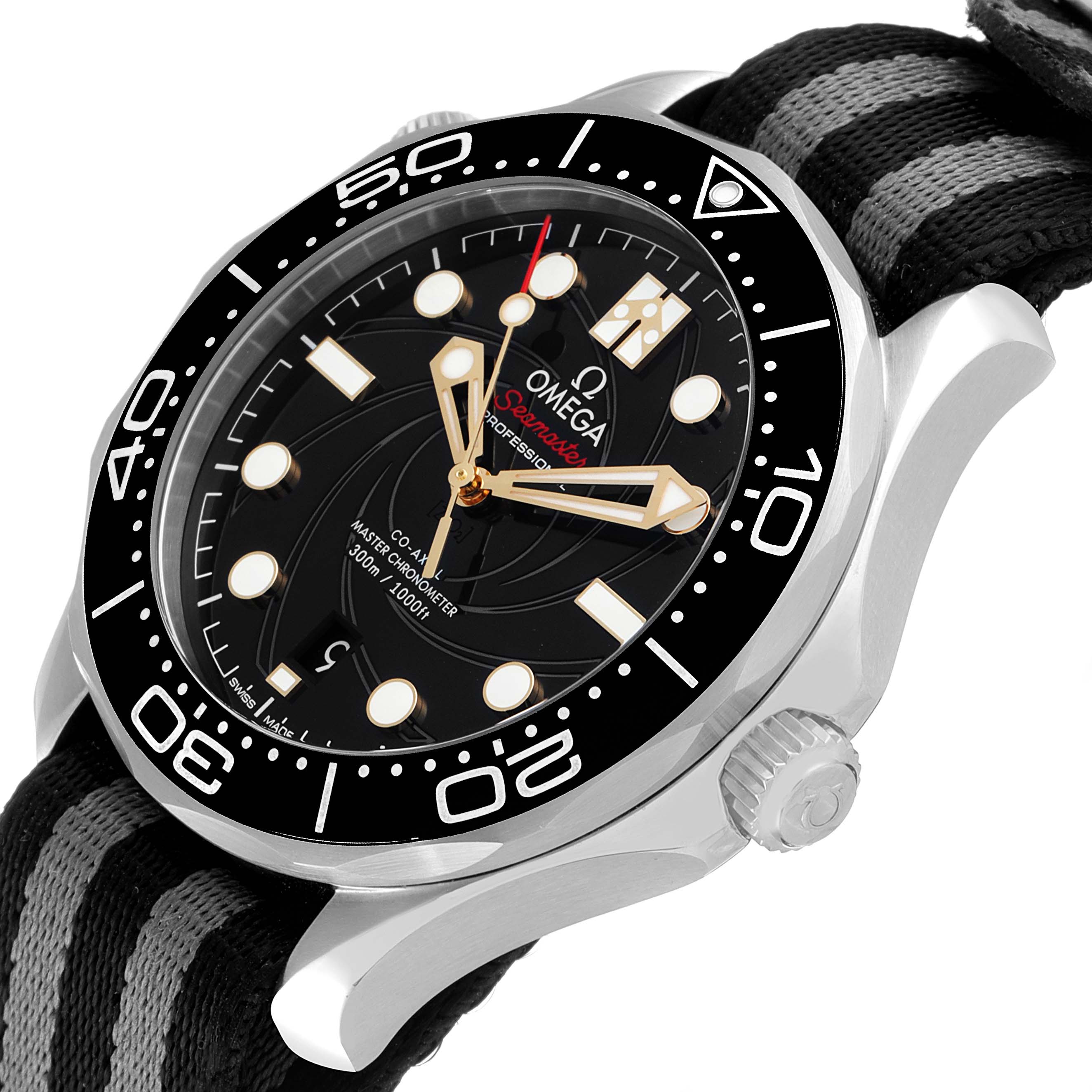 This image shows an Omega Seamaster 210.22.42.20.01.004 Men's Stainless Steel Black Dial 210.22.42.20.01.004 Men's Stainless Steel Black Dial watch from a three-quarter angle, highlighting the face, bezel, and crown.