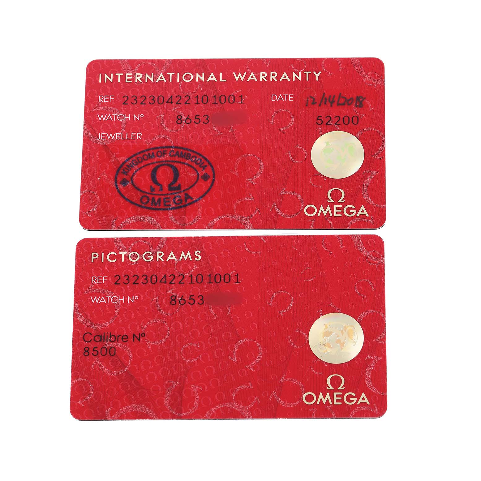 The image shows two Omega Seamaster 232.30.42.21.01.001 Men's Stainless Steel Black Dial watch cards: an International Warranty and a Pictograms card, featuring model details.