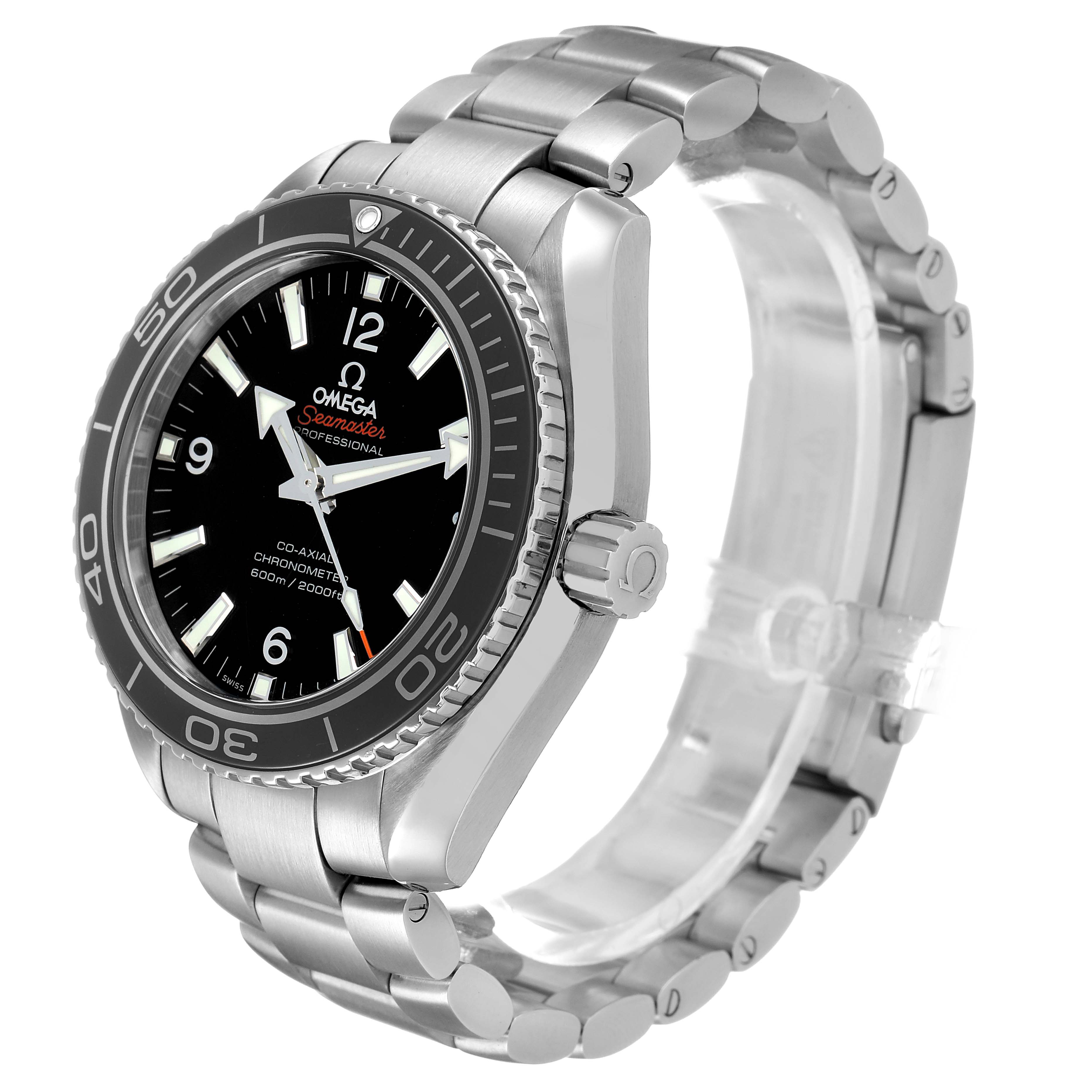 The Omega Seamaster 232.30.42.21.01.001 Men's Stainless Steel Black Dial model is shown at a slight angle, displaying the face, bezel, crown, and bracelet clearly.