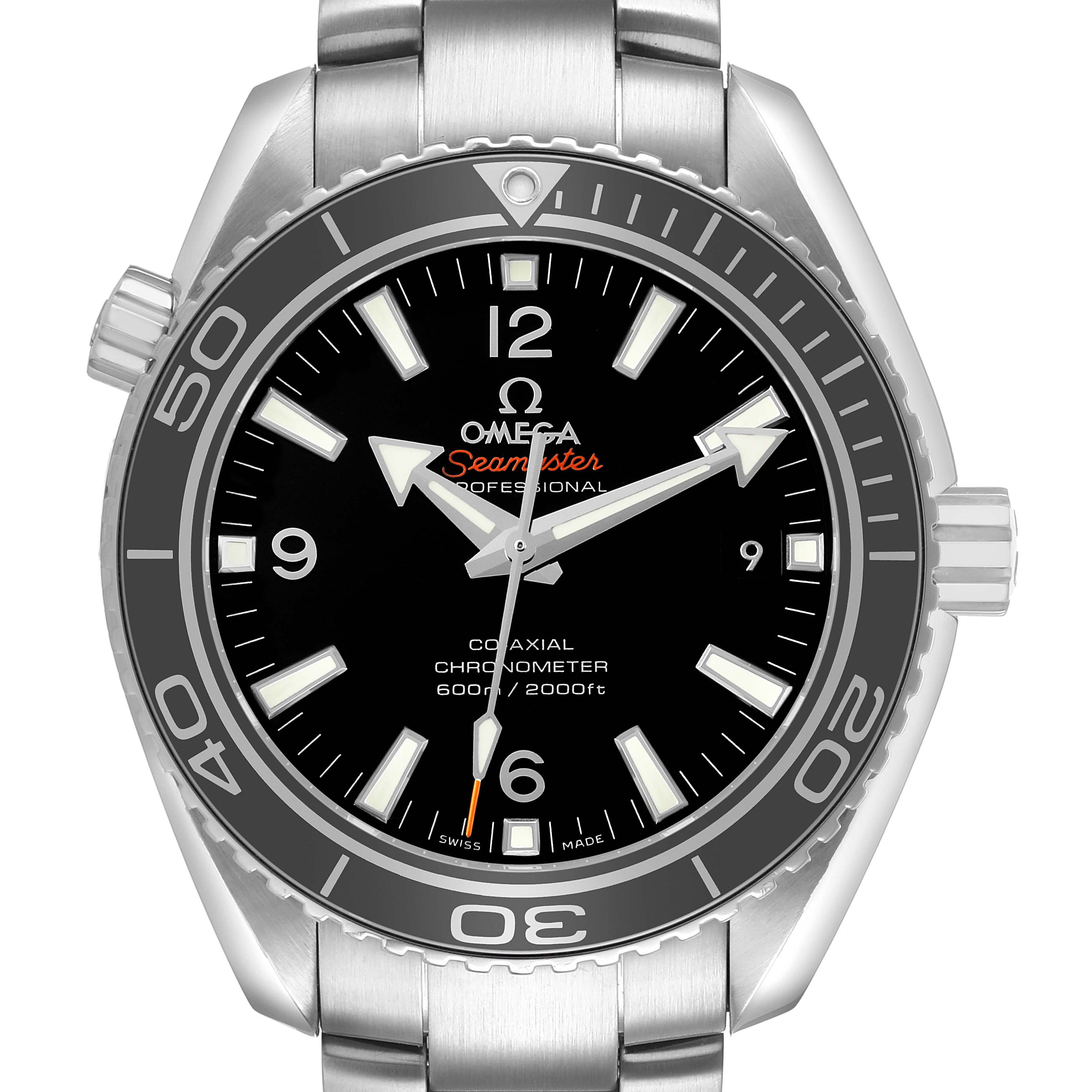 The Omega Seamaster 232.30.42.21.01.001 Men's Stainless Steel Black Dial watch is shown from a frontal angle, displaying the bezel, dial, hands, and crown.