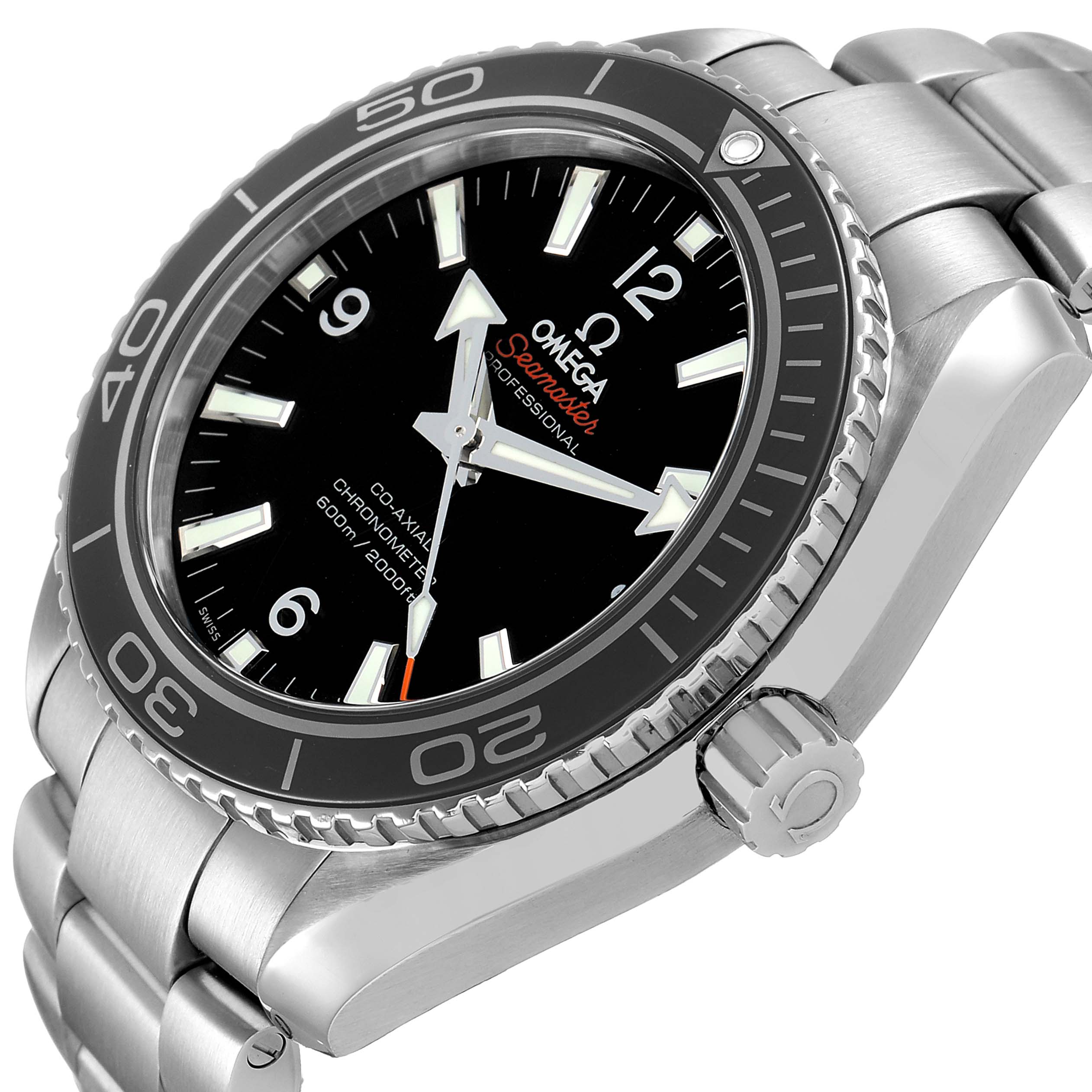 The Omega Seamaster 232.30.42.21.01.001 Men's Stainless Steel Black Dial watch is shown at an angled side view displaying the bezel, crown, and bracelet links.