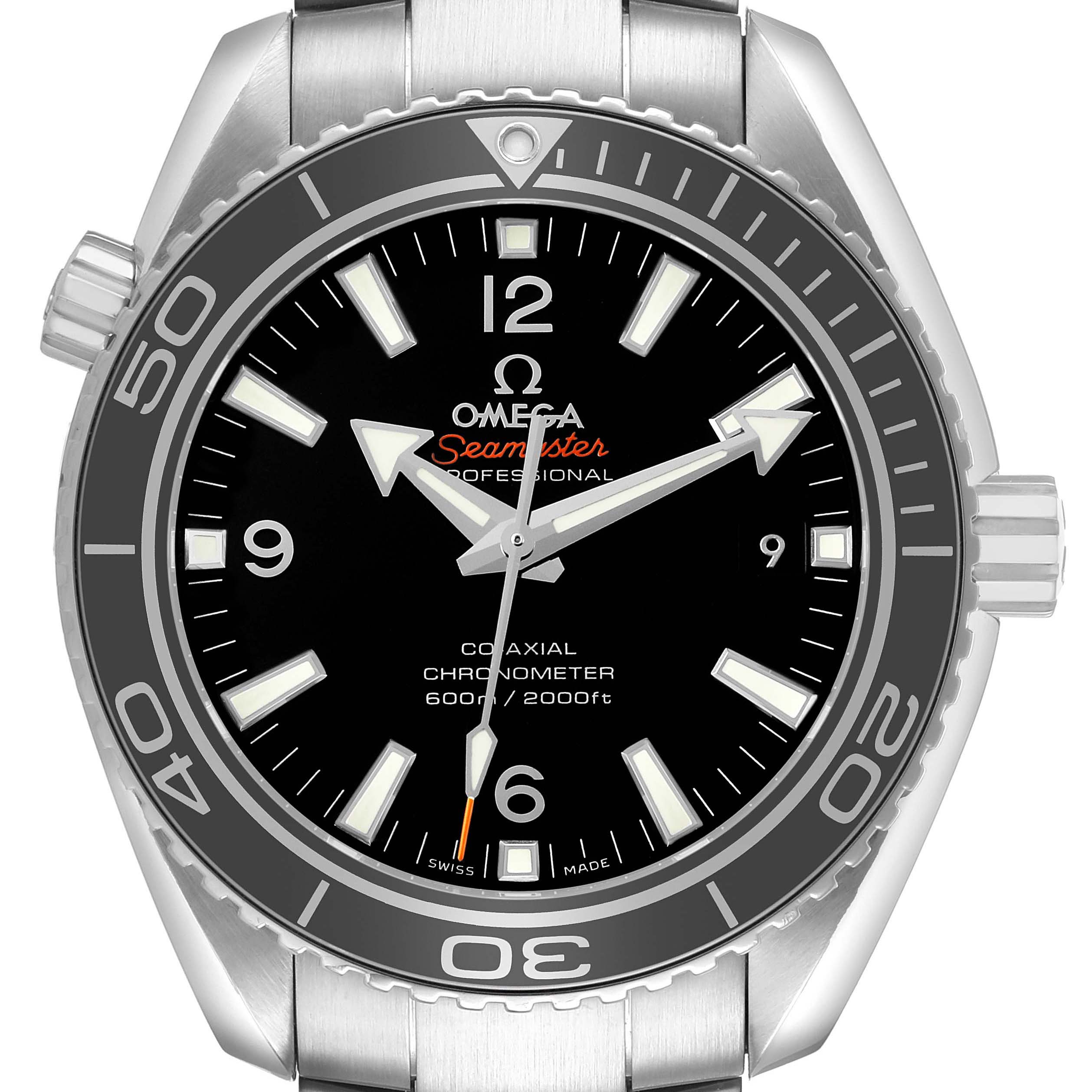 The Omega Seamaster 232.30.42.21.01.001 Men's Stainless Steel Black Dial watch is shown from a front angle, highlighting the bezel, dial, hands, and crown.