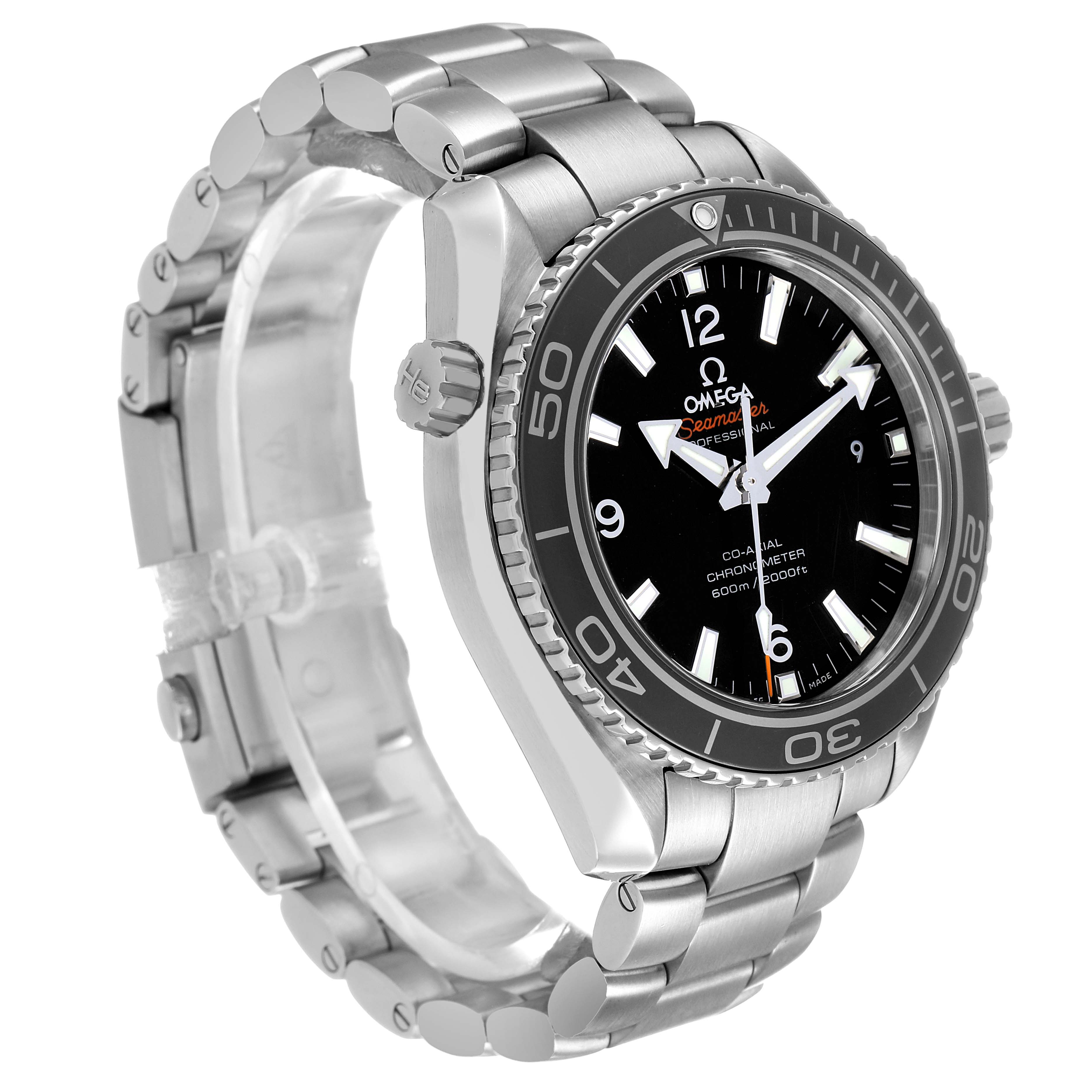 The Omega Seamaster 232.30.42.21.01.001 Men's Stainless Steel Black Dial watch is shown at a three-quarter angle, highlighting its bezel, dial, and metal bracelet.