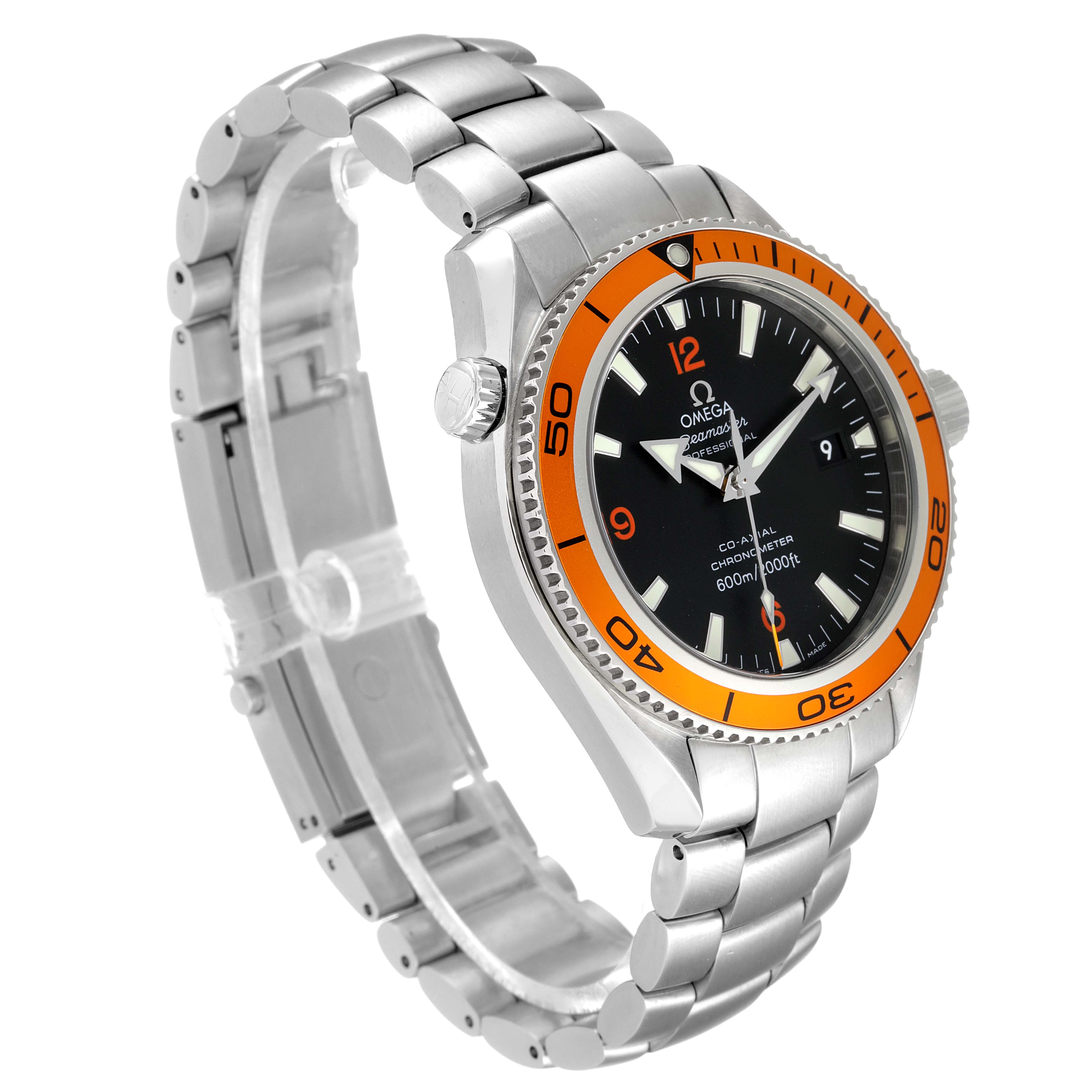 This image shows a side angle of the Omega Planet Ocean 2209.50.00 Men's Stainless Steel Black Dial 2209.50.00 Men's Stainless Steel Black Dial watch, highlighting its orange bezel, black dial, and silver bracelet.