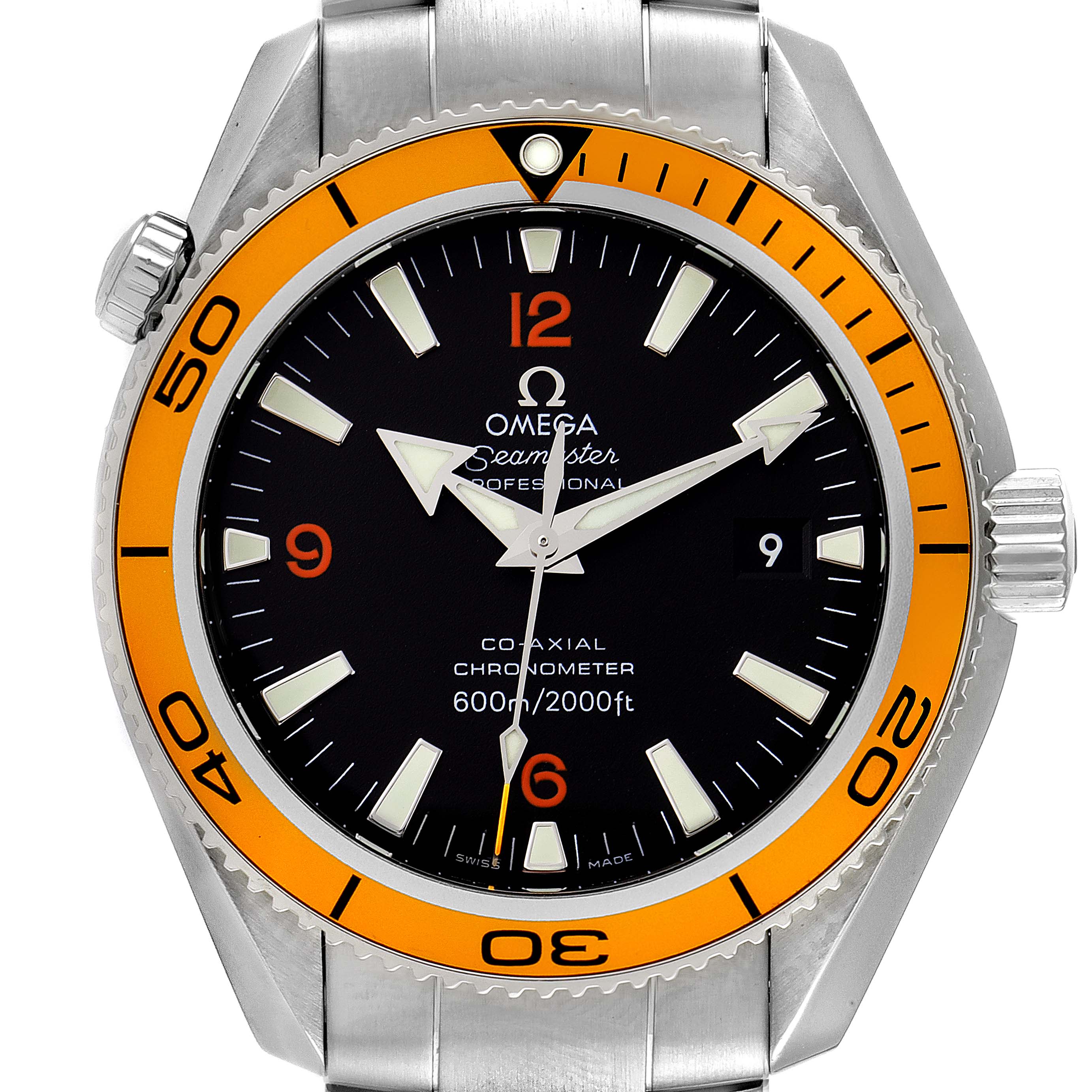 The image shows a front view of the Omega Planet Ocean 2209.50.00 Men's Stainless Steel Black Dial 2209.50.00 Men's Stainless Steel Black Dial Seamaster watch, highlighting its orange bezel and black dial.