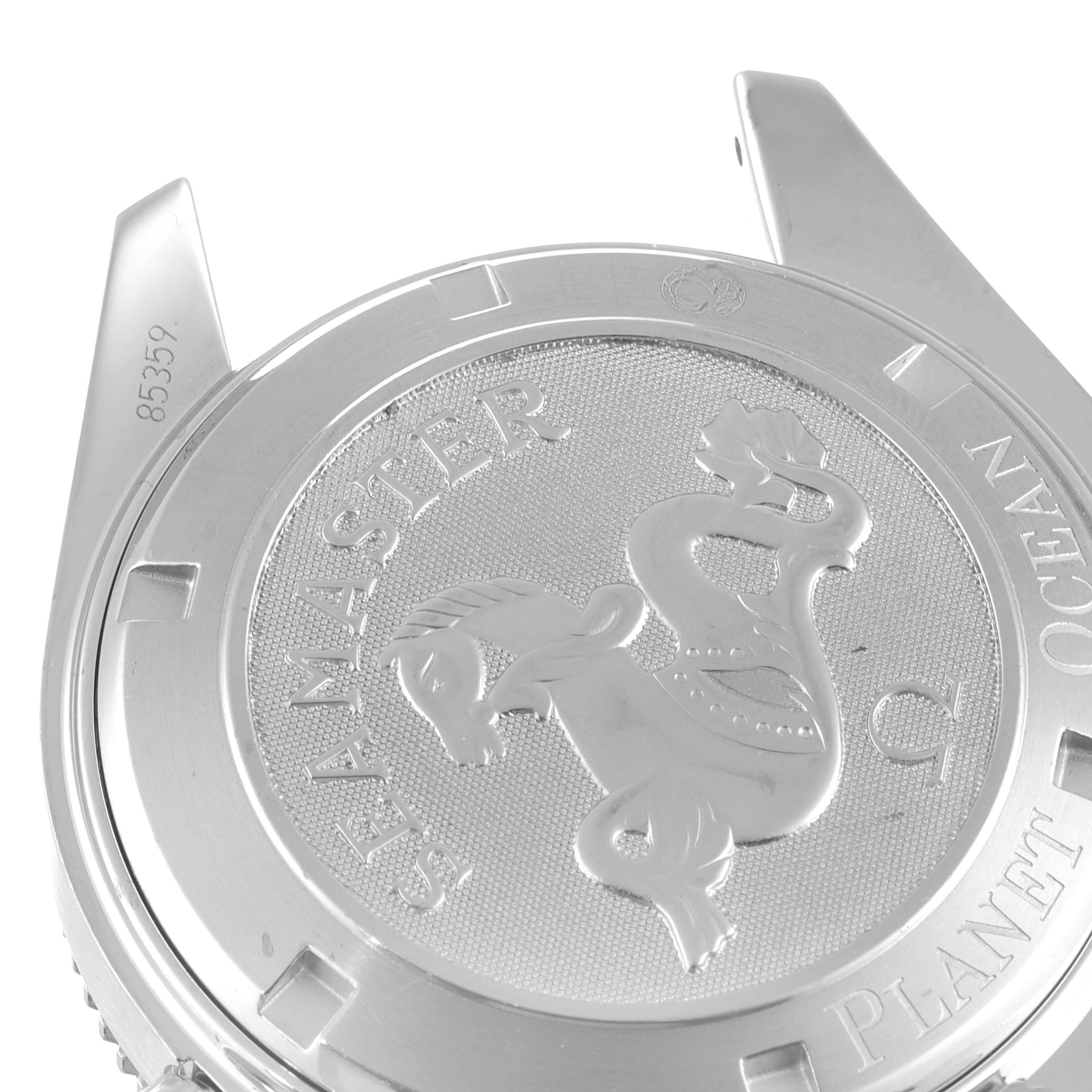 This image shows the back case of the Omega Seamaster Planet Ocean watch at a slight angle.