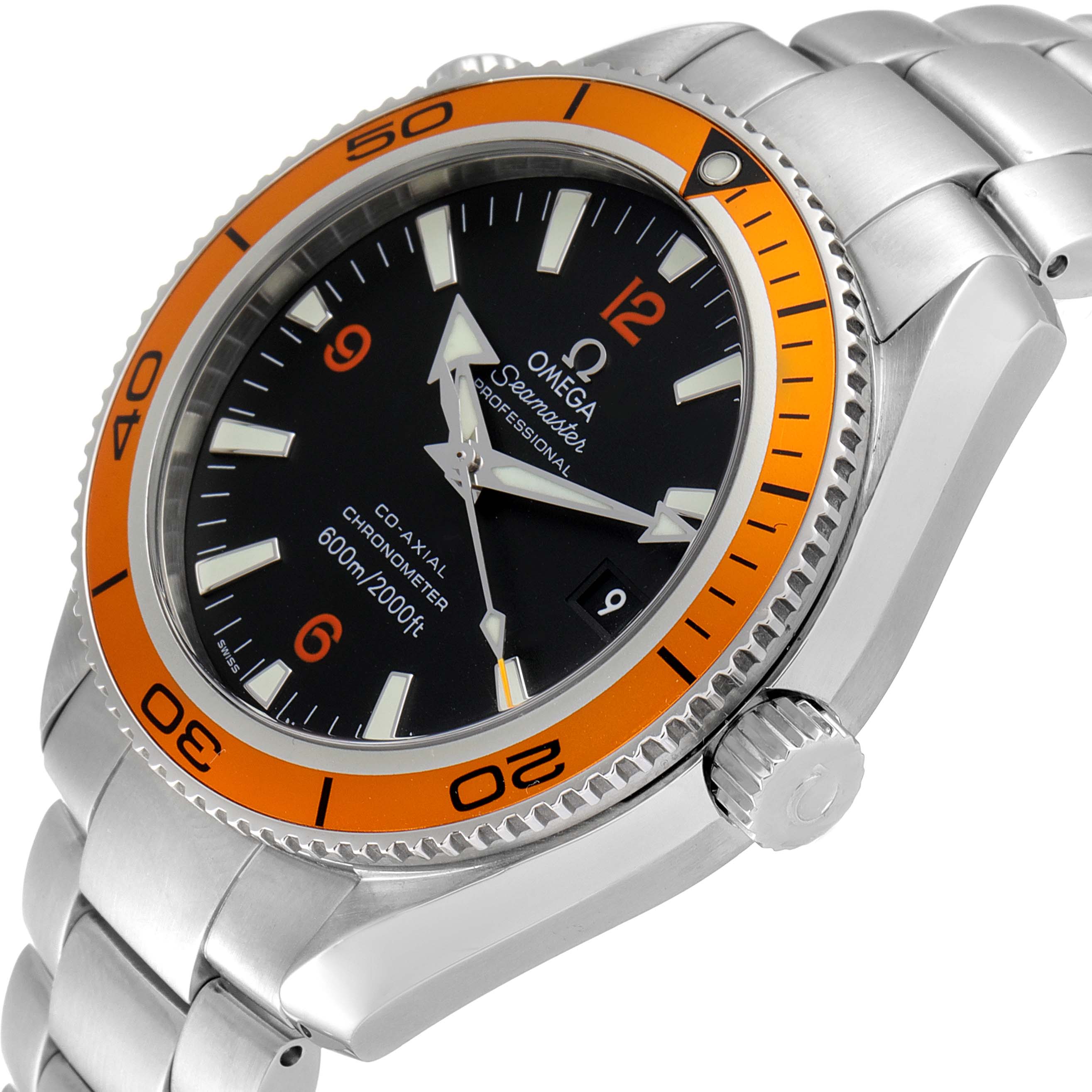 The image shows an angled view of the Omega Planet Ocean 2209.50.00 Men's Stainless Steel Black Dial 2209.50.00 Men's Stainless Steel Black Dial watch, highlighting its bezel, face, crown, and bracelet.