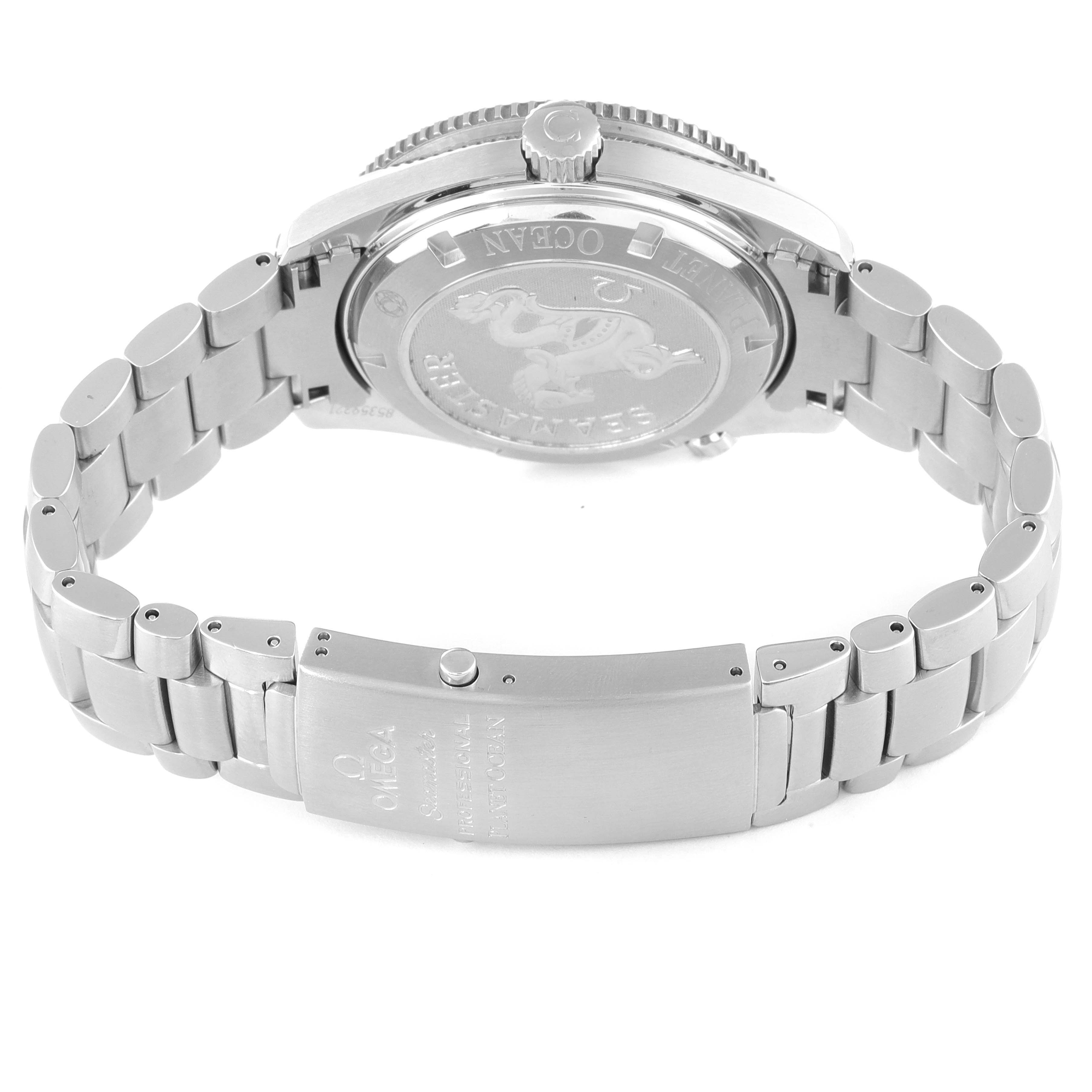 The image shows the back case and bracelet of the Omega Planet Ocean 2209.50.00 Men's Stainless Steel Black Dial 2209.50.00 Men's Stainless Steel Black Dial watch, focusing on the clasp and case back details.
