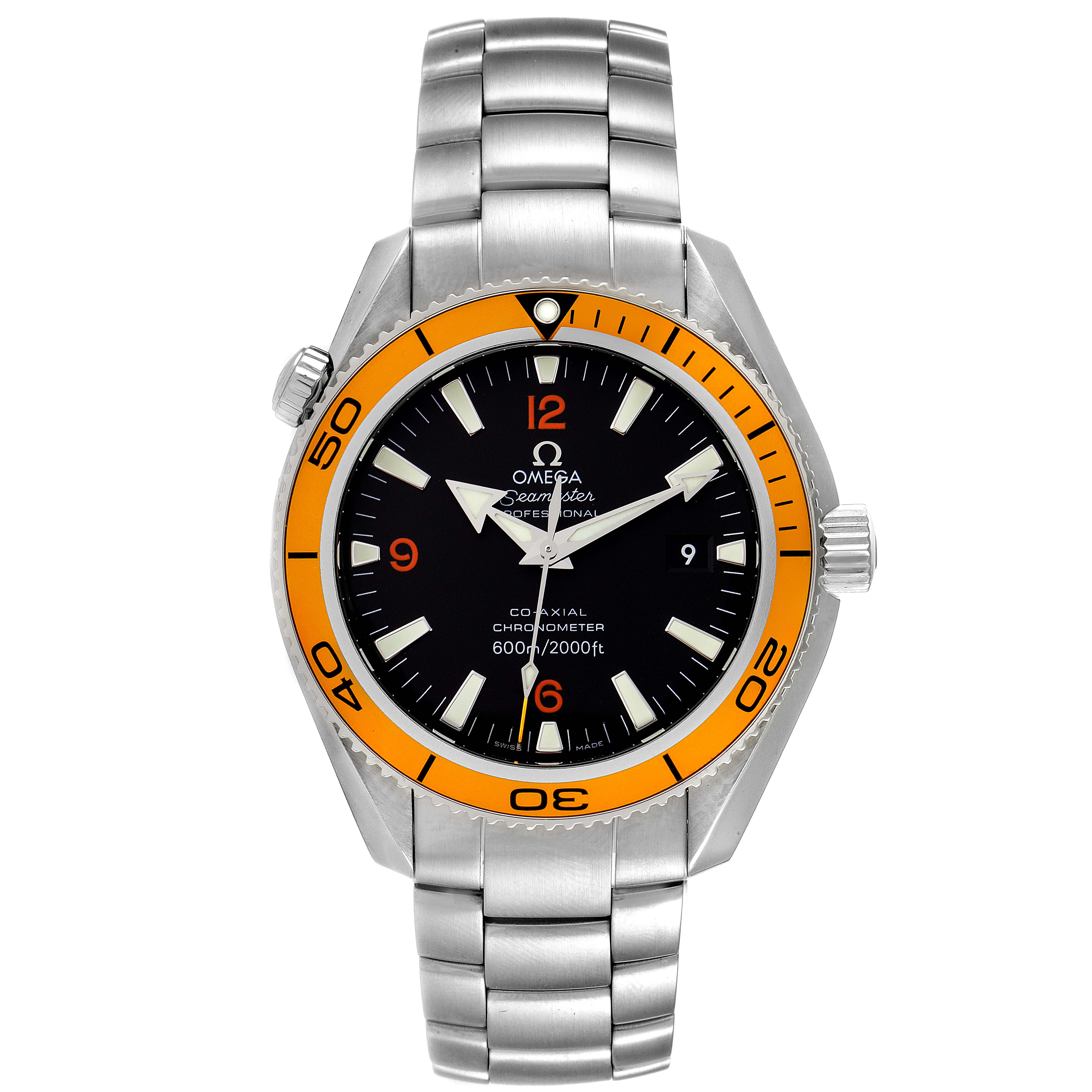 The Omega Planet Ocean 2209.50.00 Men's Stainless Steel Black Dial 2209.50.00 Men's Stainless Steel Black Dial watch is shown from a front angle, displaying its face, bezel, and metal bracelet.