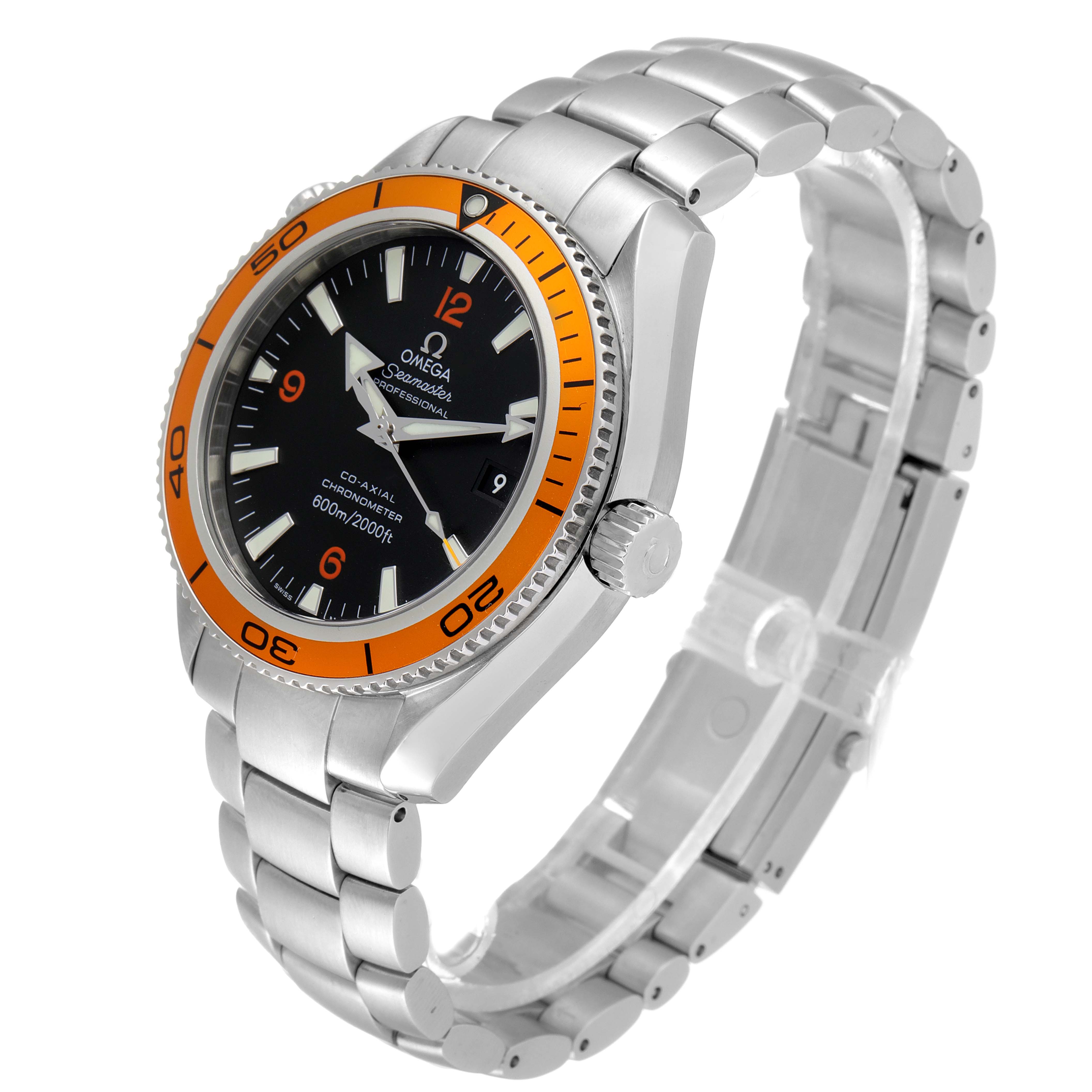 The image shows an Omega Planet Ocean 2209.50.00 Men's Stainless Steel Black Dial 2209.50.00 Men's Stainless Steel Black Dial watch at a slight angle, highlighting its orange bezel, black dial, and stainless steel bracelet.