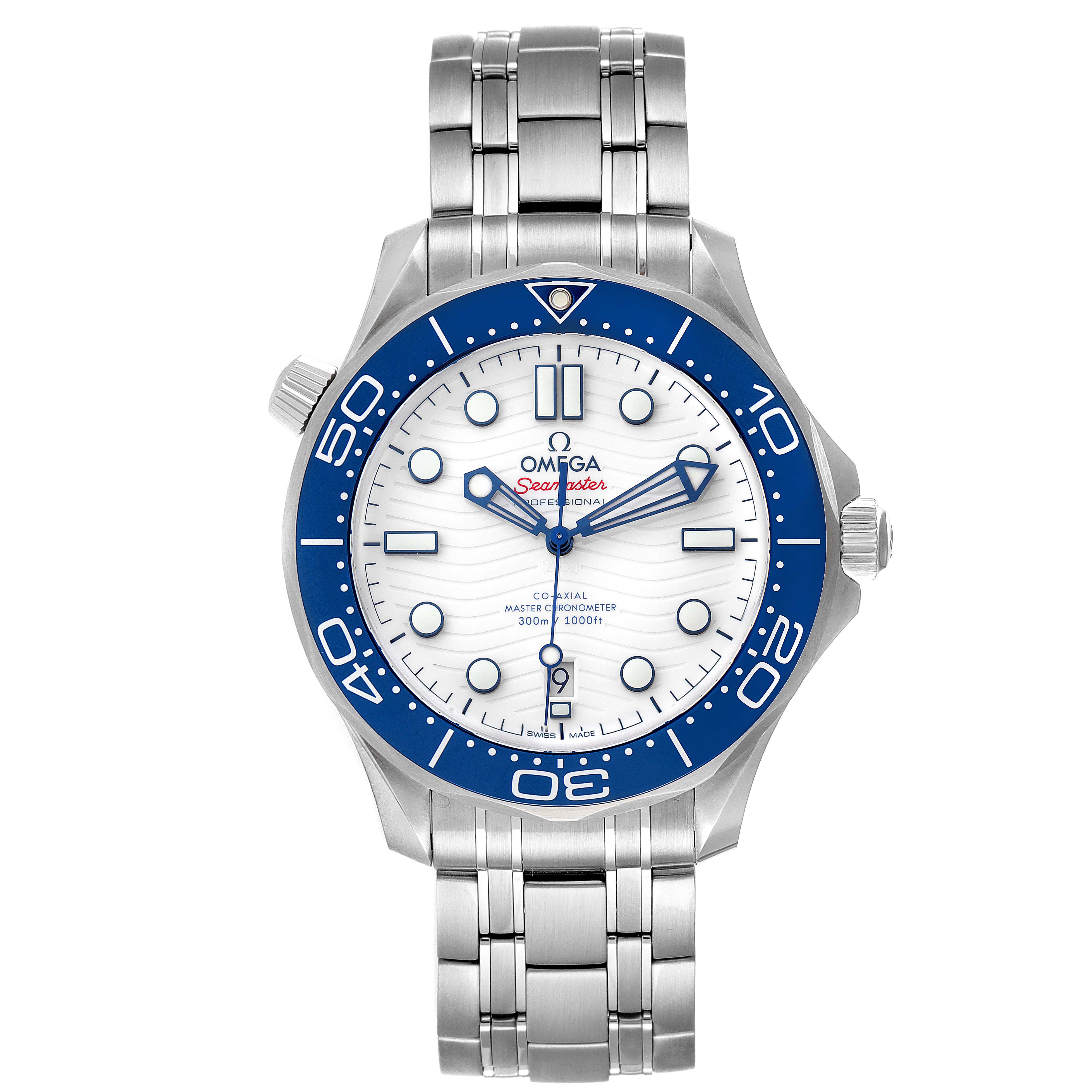 This image shows a front view of an Omega Seamaster 522.30.42.20.04.001 Men's Stainless Steel White Dial 522.30.42.20.04.001 Men's Stainless Steel White Dial watch with a blue bezel and white dial.