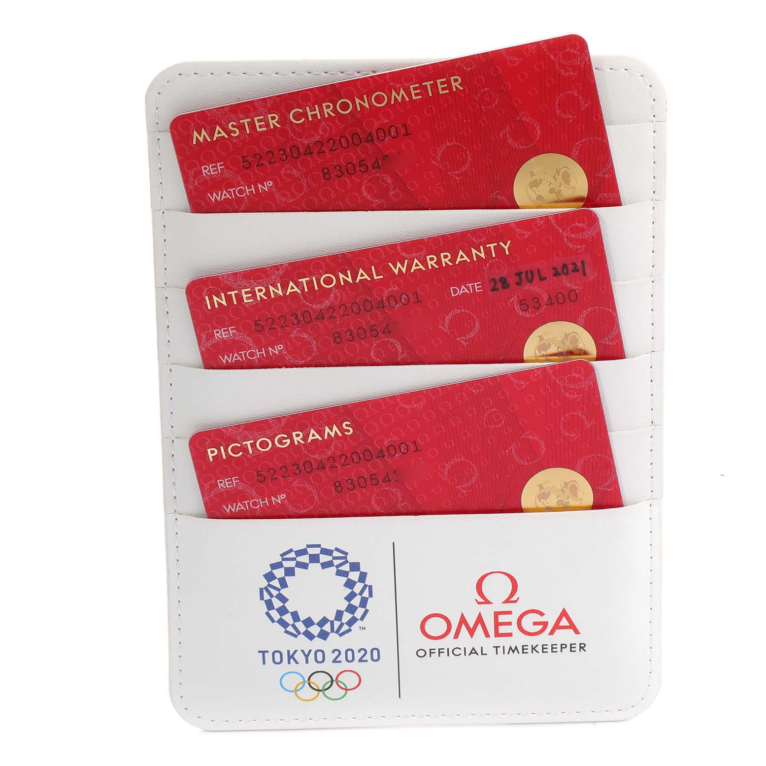 The image shows three red cards with certification and warranty details for the Omega Seamaster 522.30.42.20.04.001 Men's Stainless Steel White Dial 522.30.42.20.04.001 Men's Stainless Steel White Dial watch.