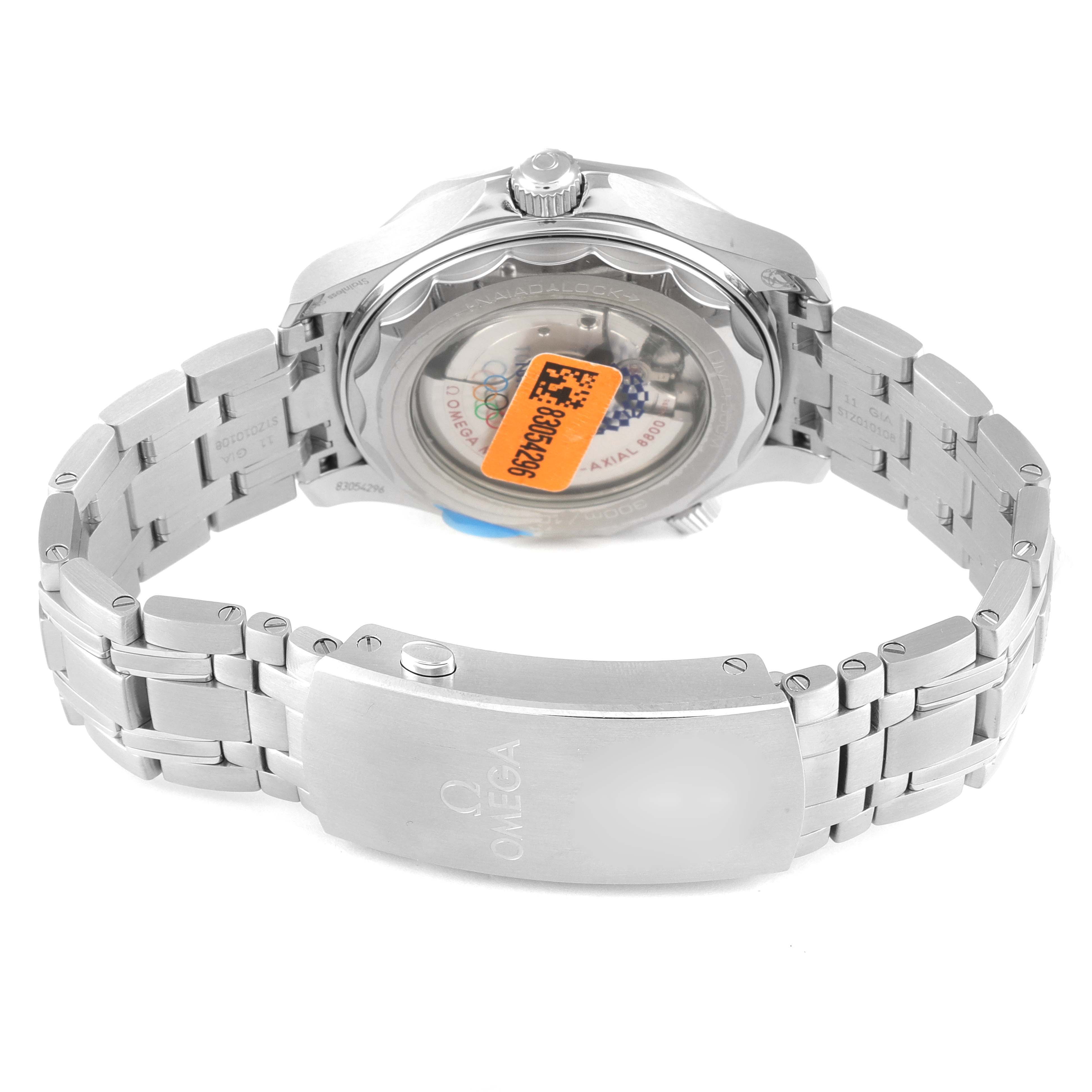 The image shows the back view and clasp of an Omega Seamaster 522.30.42.20.04.001 Men's Stainless Steel White Dial 522.30.42.20.04.001 Men's Stainless Steel White Dial watch, highlighting its metal bracelet and transparent case back.