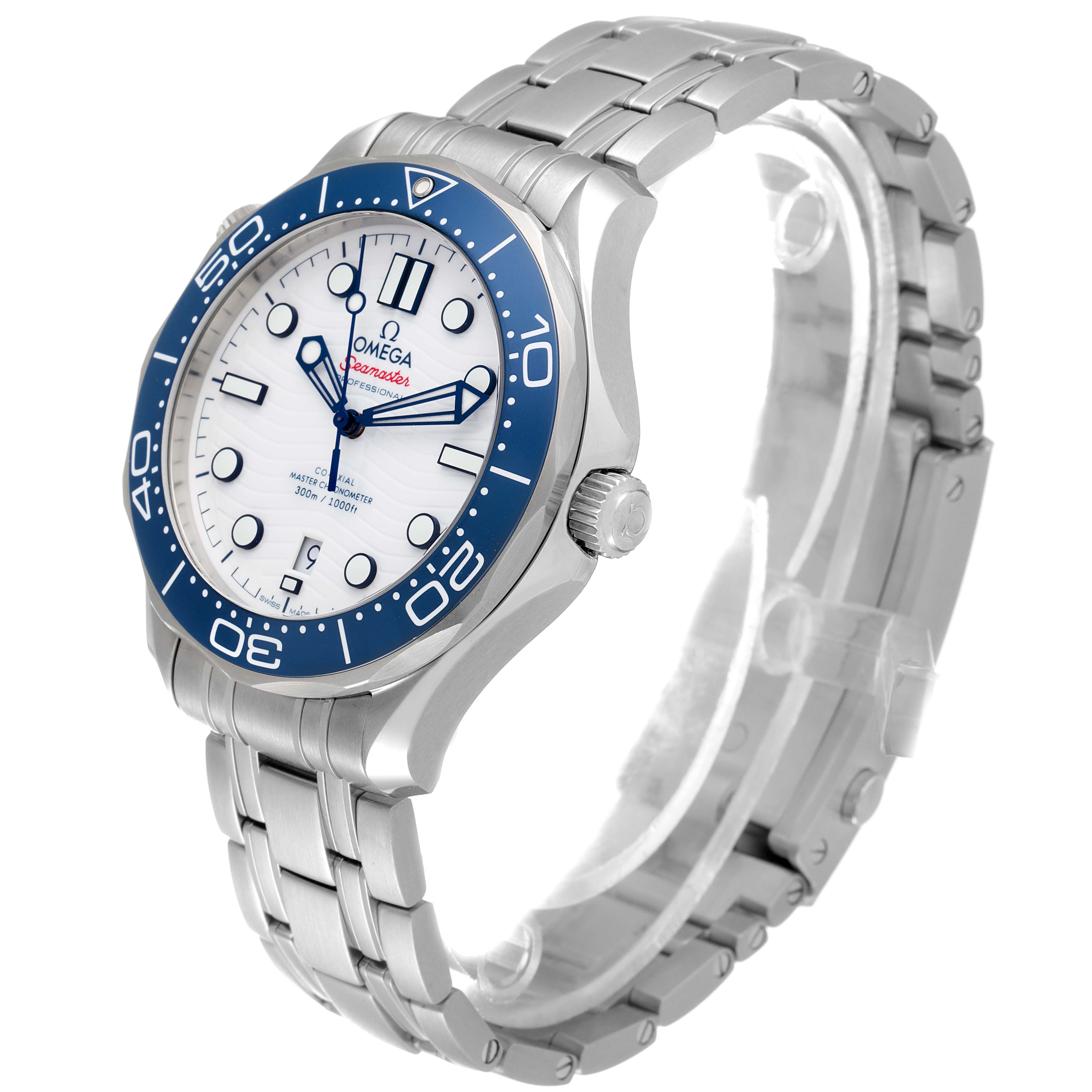 The Omega Seamaster 522.30.42.20.04.001 Men's Stainless Steel White Dial 522.30.42.20.04.001 Men's Stainless Steel White Dial watch is shown at a three-quarter angle, highlighting its face, bezel, crown, and bracelet.