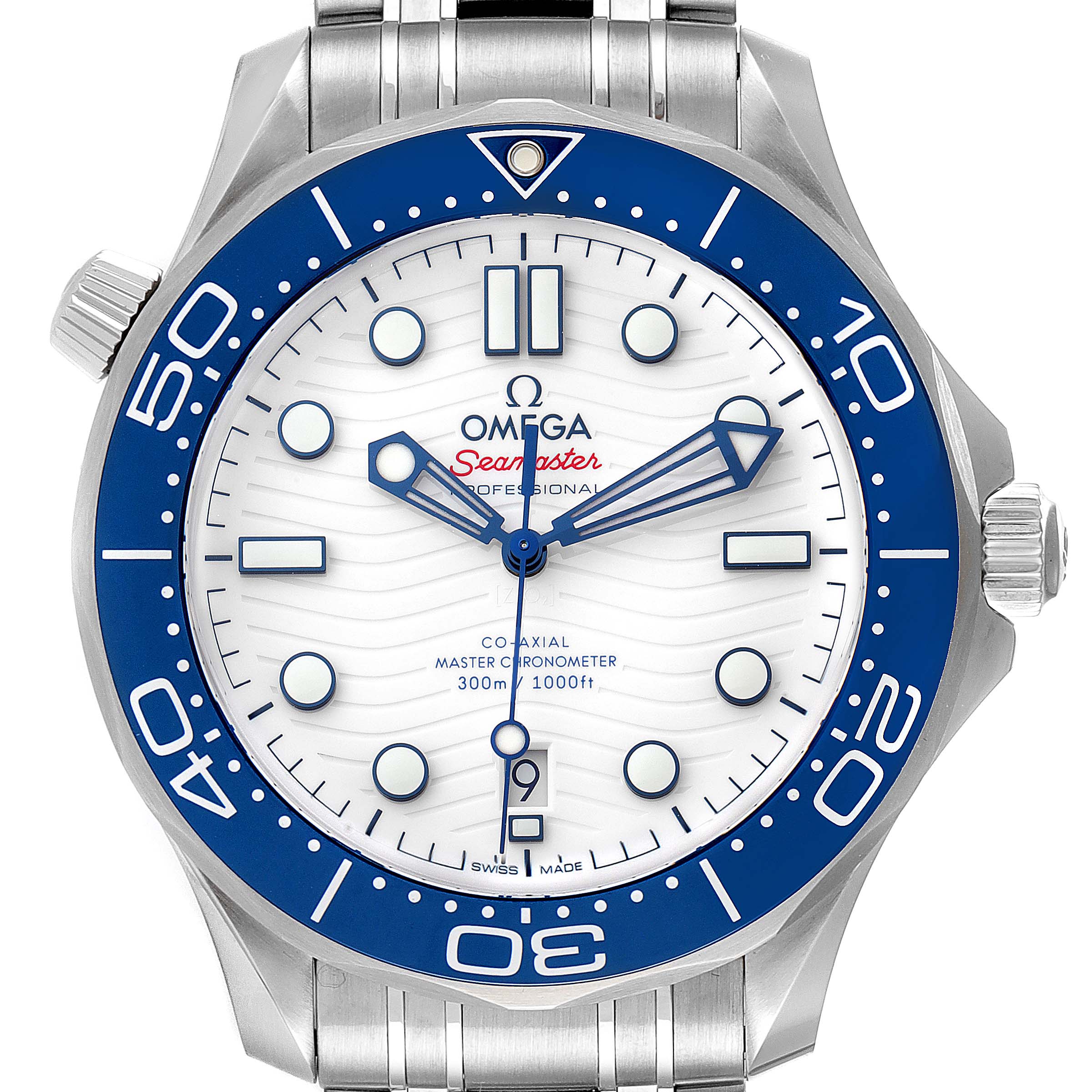 The image shows a front view of the Omega Seamaster 522.30.42.20.04.001 Men's Stainless Steel White Dial 522.30.42.20.04.001 Men's Stainless Steel White Dial model, displaying the dial, hands, and bezel.