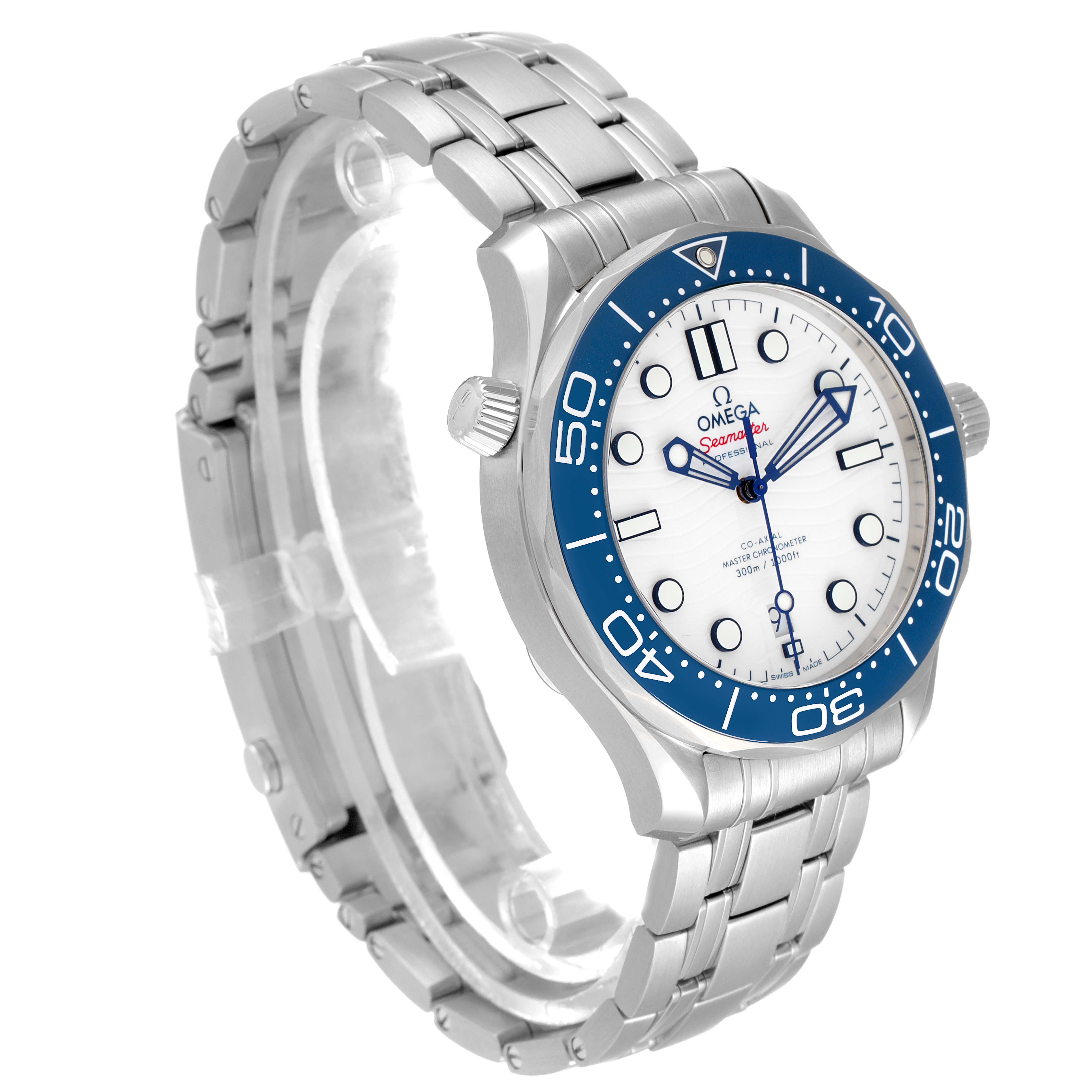 This image shows the Omega Seamaster 522.30.42.20.04.001 Men's Stainless Steel White Dial 522.30.42.20.04.001 Men's Stainless Steel White Dial watch at an angled view, displaying the face, bezel, and part of the metal bracelet.