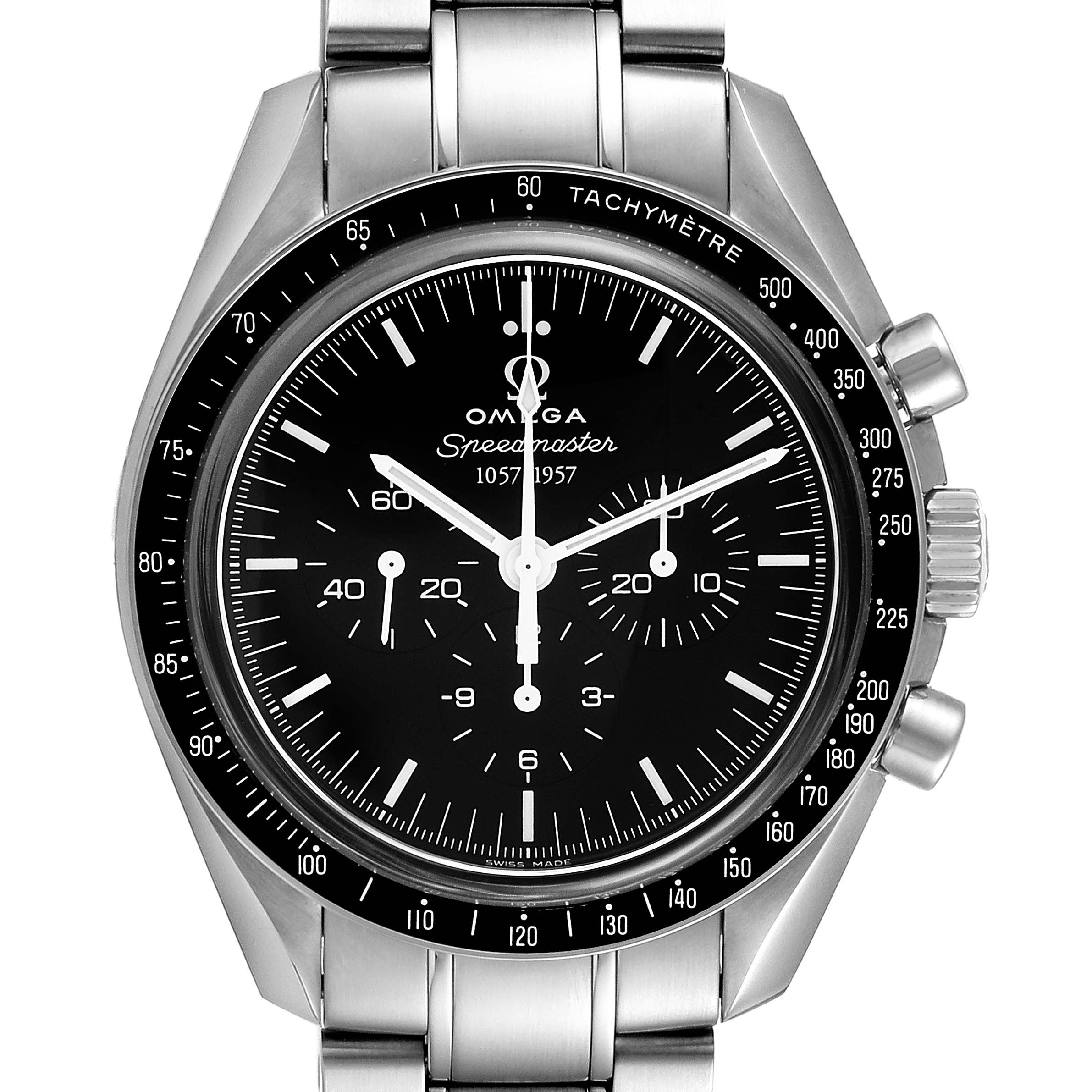 This image shows a frontal view of the Omega Speedmaster 311.33.42.50.01.001 Men
s Stainless Steel Black Dial 311.33.42.50.01.001 Men
s Stainless Steel Black Dial watch, highlighting its dial, bezel, and stainless steel bracelet.