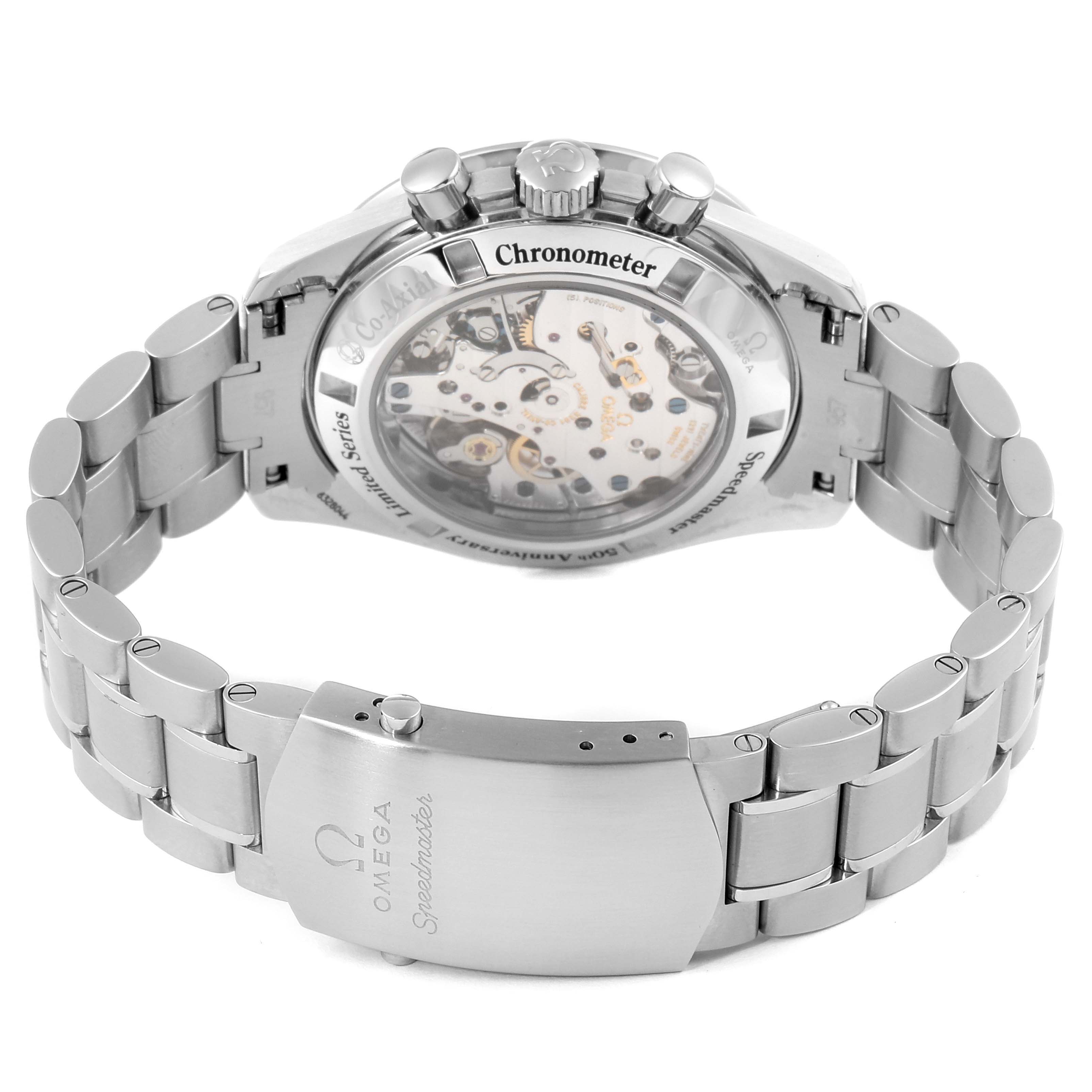 The image shows the back case and bracelet of an Omega Speedmaster 311.33.42.50.01.001 Men
s Stainless Steel Black Dial 311.33.42.50.01.001 Men
s Stainless Steel Black Dial, displaying the inner mechanism and clasp.