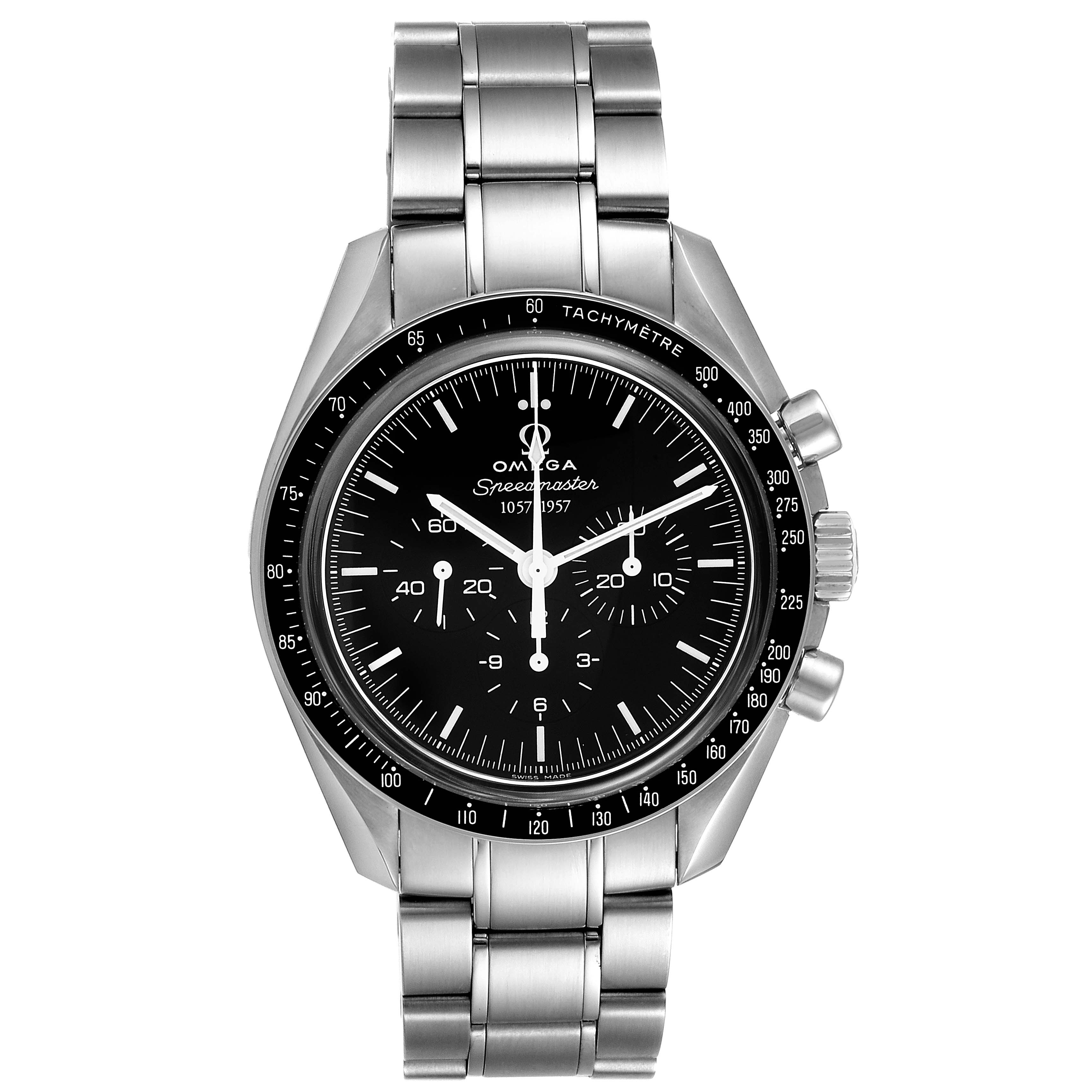 This image shows the front view of the Omega Speedmaster 311.33.42.50.01.001 Men
s Stainless Steel Black Dial 311.33.42.50.01.001 Men
s Stainless Steel Black Dial watch, displaying its dial, bezel, and metal bracelet.