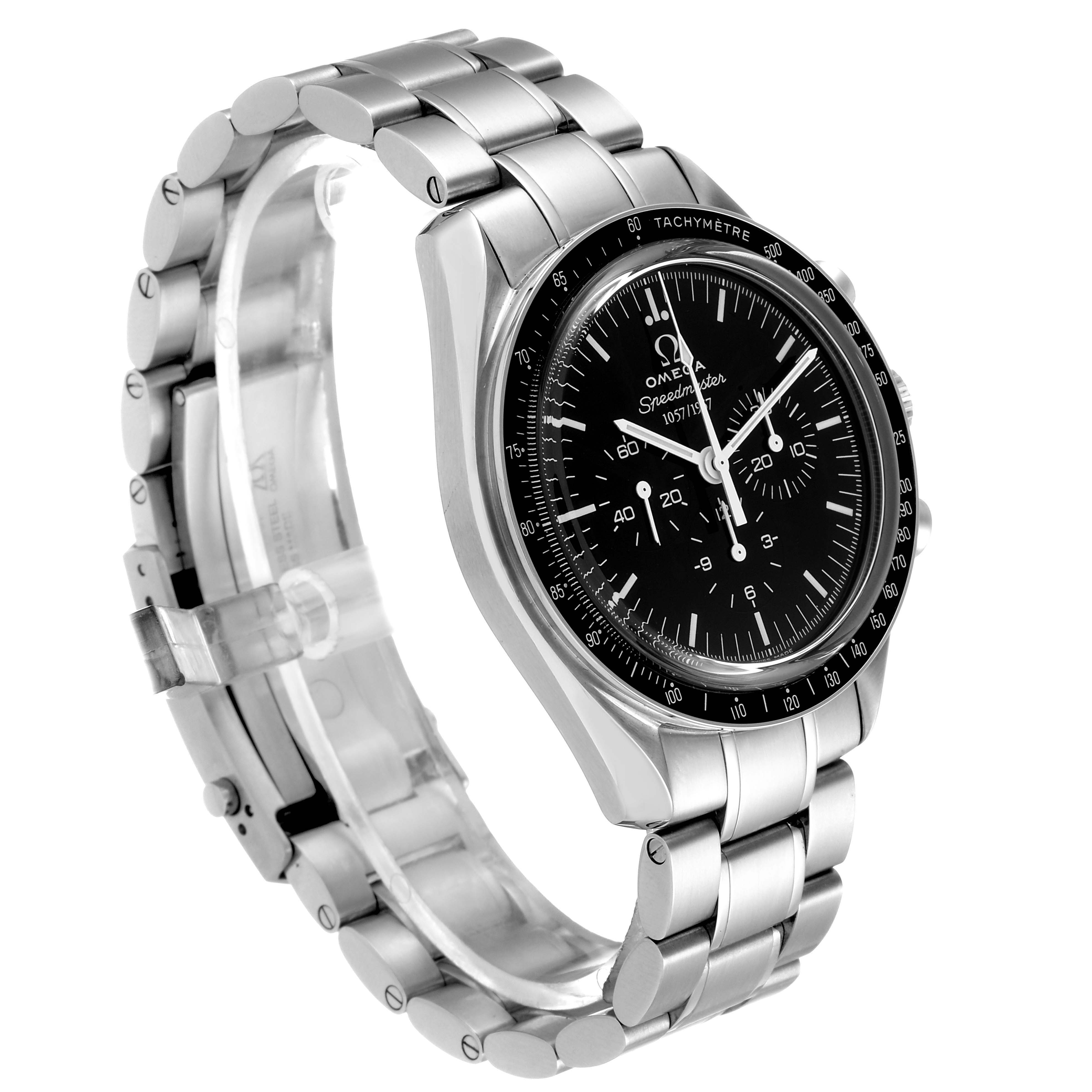 This image shows a side angle of an Omega Speedmaster 311.33.42.50.01.001 Men
s Stainless Steel Black Dial 311.33.42.50.01.001 Men
s Stainless Steel Black Dial watch, highlighting its stainless steel bracelet and black dial.
