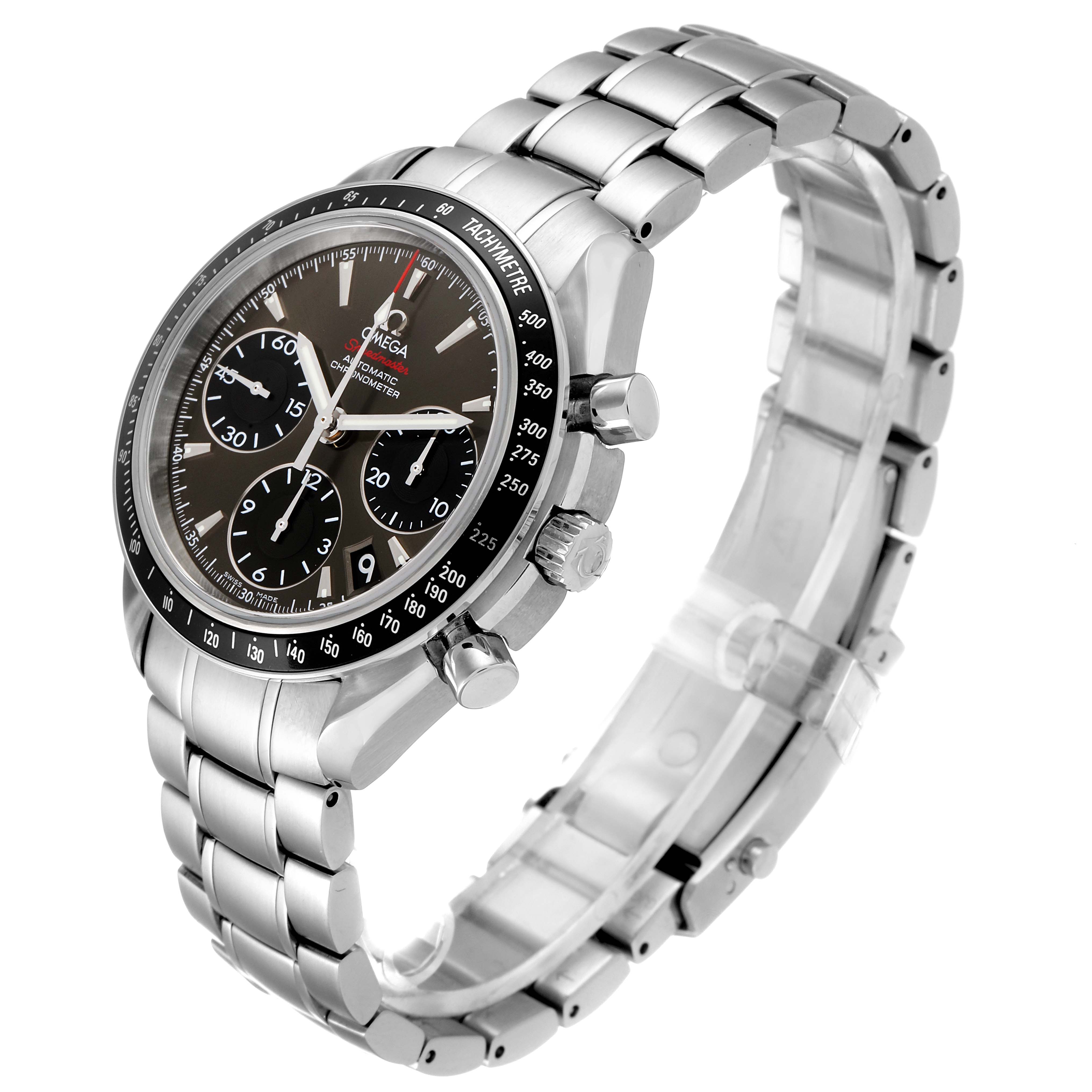 The Omega Speedmaster 323.30.40.40.06.001 Men's Stainless Steel Grey Dial 323.30.40.40.06.001 Men's Stainless Steel Grey Dial watch is shown at a 45-degree angle, highlighting the dial, bezel, crown, and stainless steel bracelet.