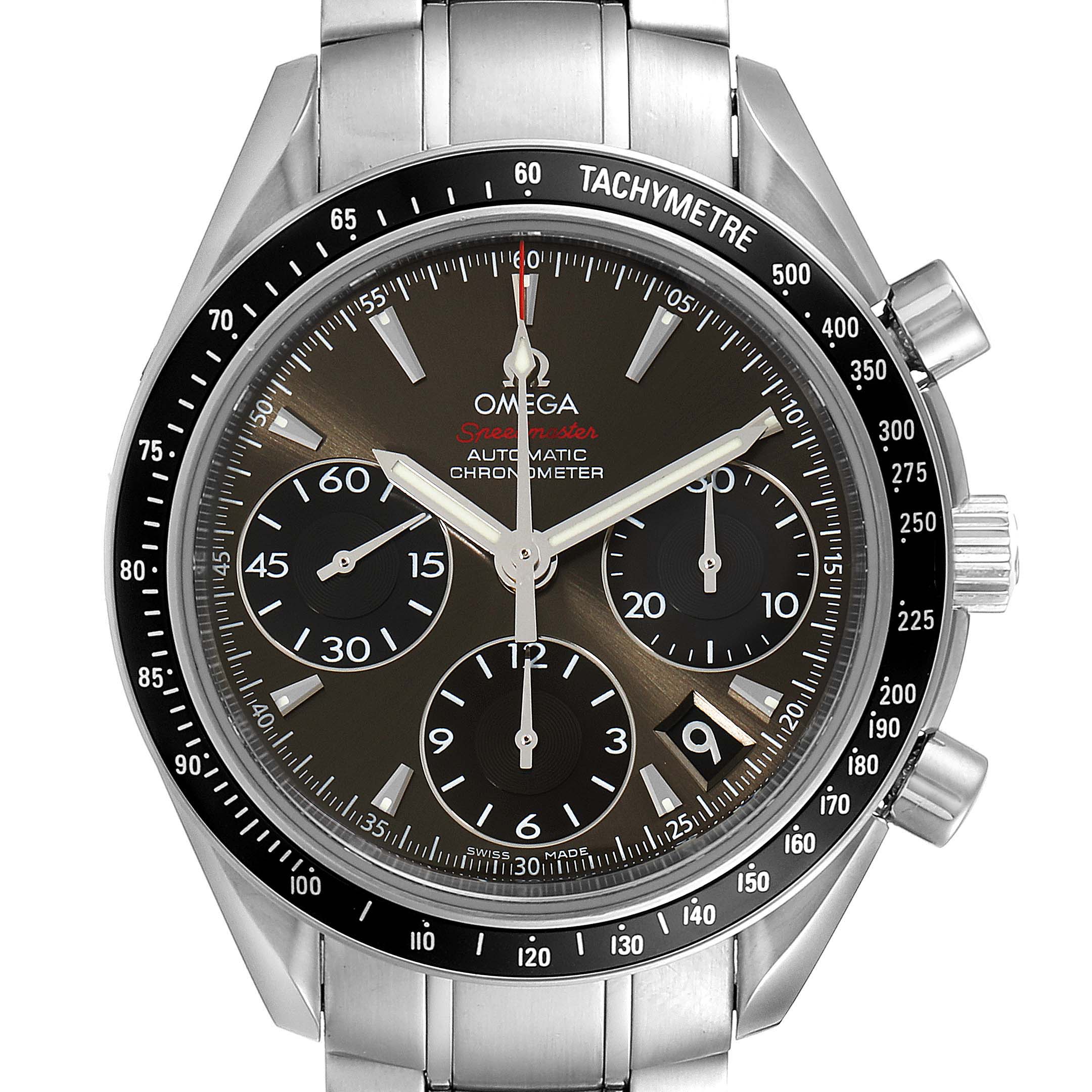 The Omega Speedmaster 323.30.40.40.06.001 Men's Stainless Steel Grey Dial 323.30.40.40.06.001 Men's Stainless Steel Grey Dial watch is shown from a front angle, highlighting its dial, bezel with tachymeter, and chronograph sub-dials.