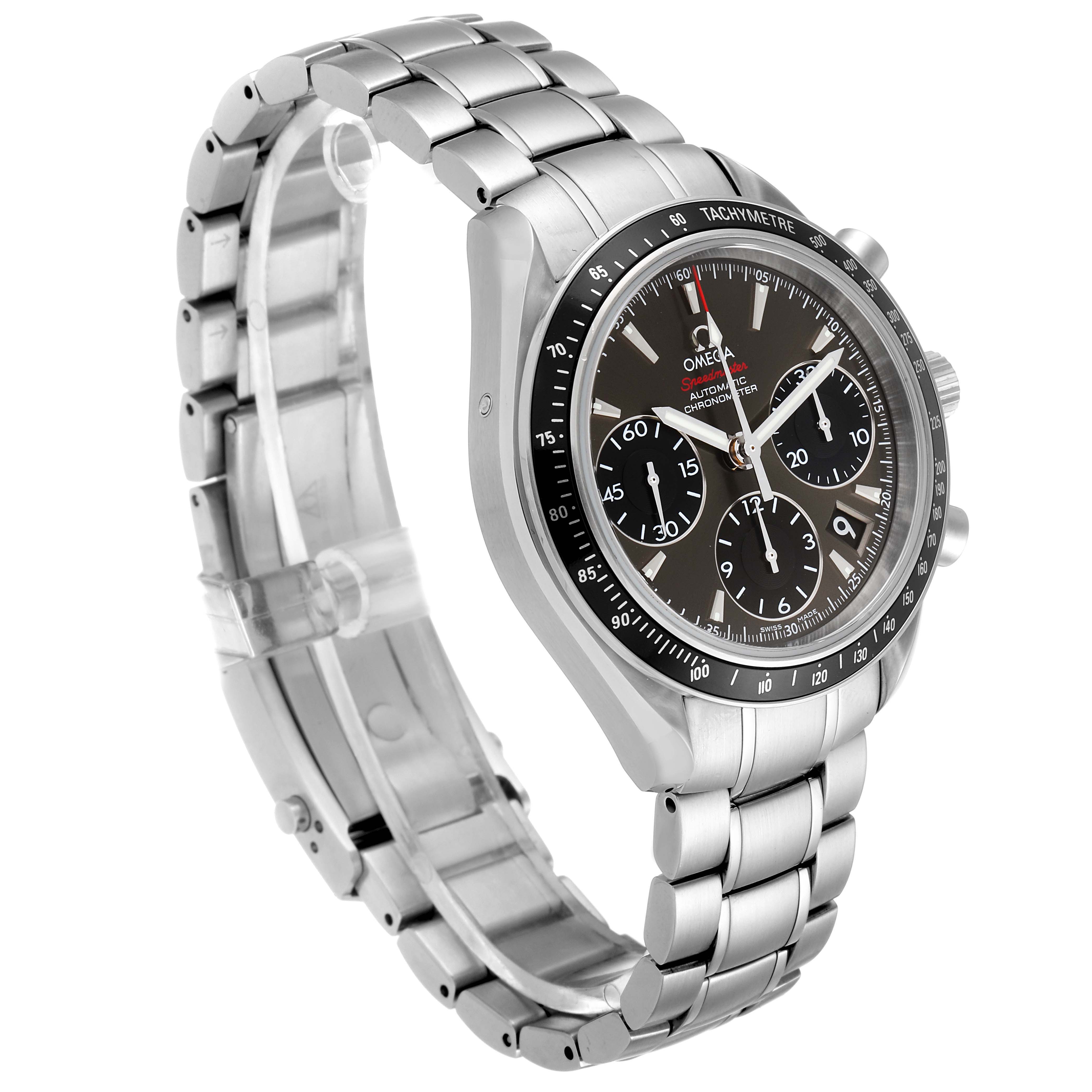 The image shows an Omega Speedmaster 323.30.40.40.06.001 Men's Stainless Steel Grey Dial 323.30.40.40.06.001 Men's Stainless Steel Grey Dial watch at a three-quarter angle, highlighting its stainless steel bracelet, tachymeter bezel, and chronograph sub-dials.